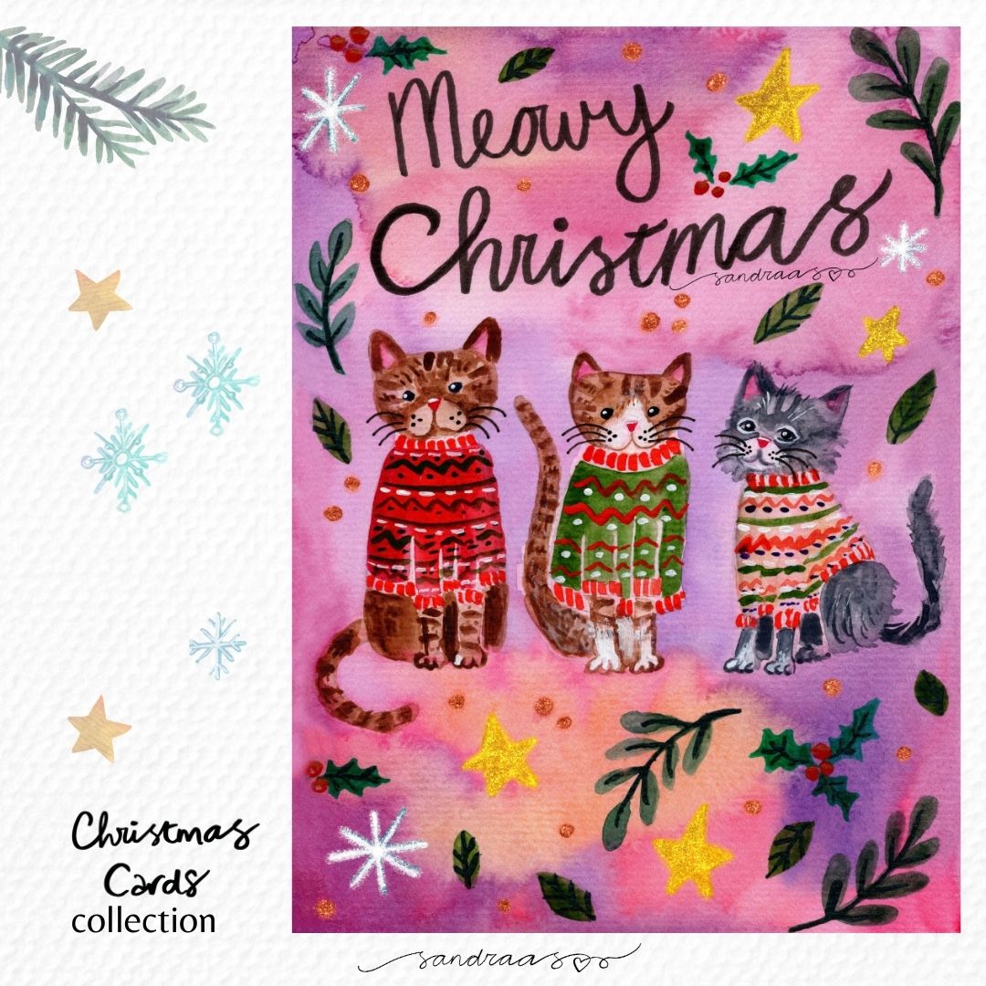 Kerstkaart – Katten in kersttruien 🎄🐱