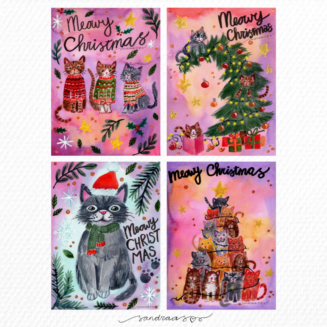 Christmas Cards Set of 8 – Cozy Cats & Holiday Cheer 🎄🐱 - SANDRAAS