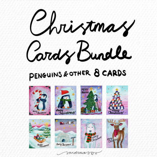 Christmas Cards Set of 8 – Penguins & Winter Whimsy ❄️🐧 - SANDRAAS