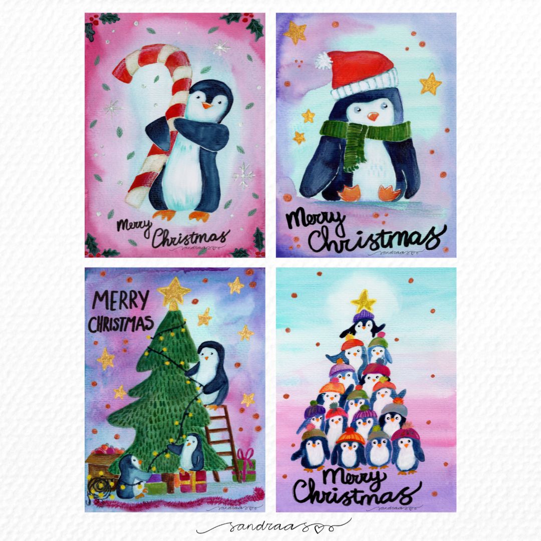 Christmas Cards Set of 8 – Penguins & Winter Whimsy ❄️🐧 - SANDRAAS