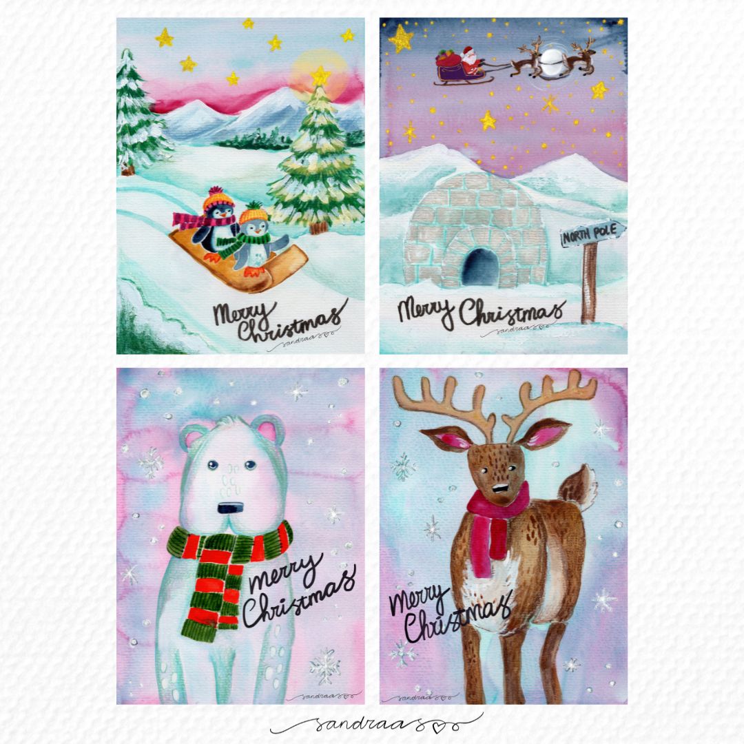 Christmas Cards Set of 8 – Penguins & Winter Whimsy ❄️🐧 - SANDRAAS