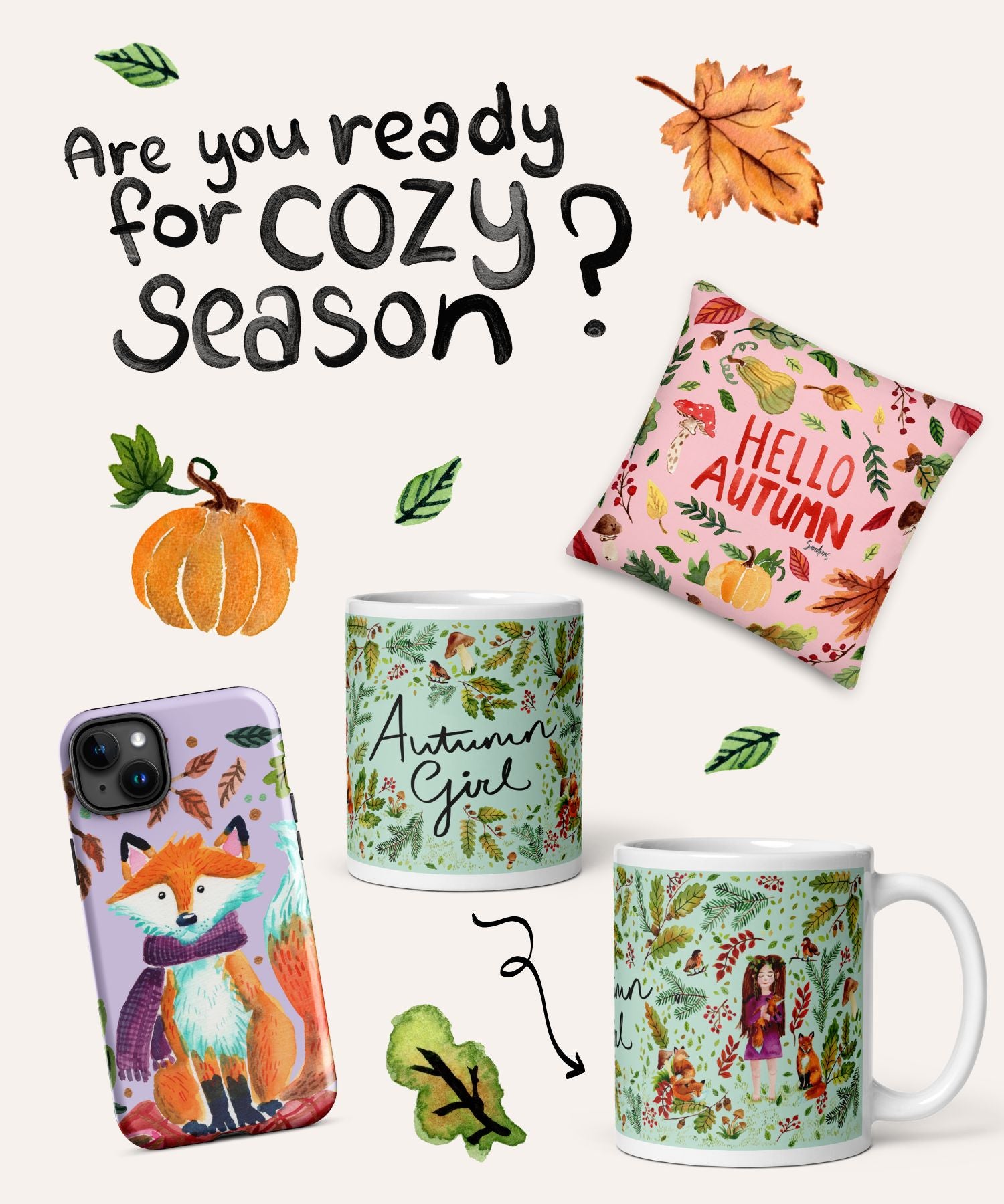 Autumn-themed products including a phone case, mug, and pillow with text and graphics.