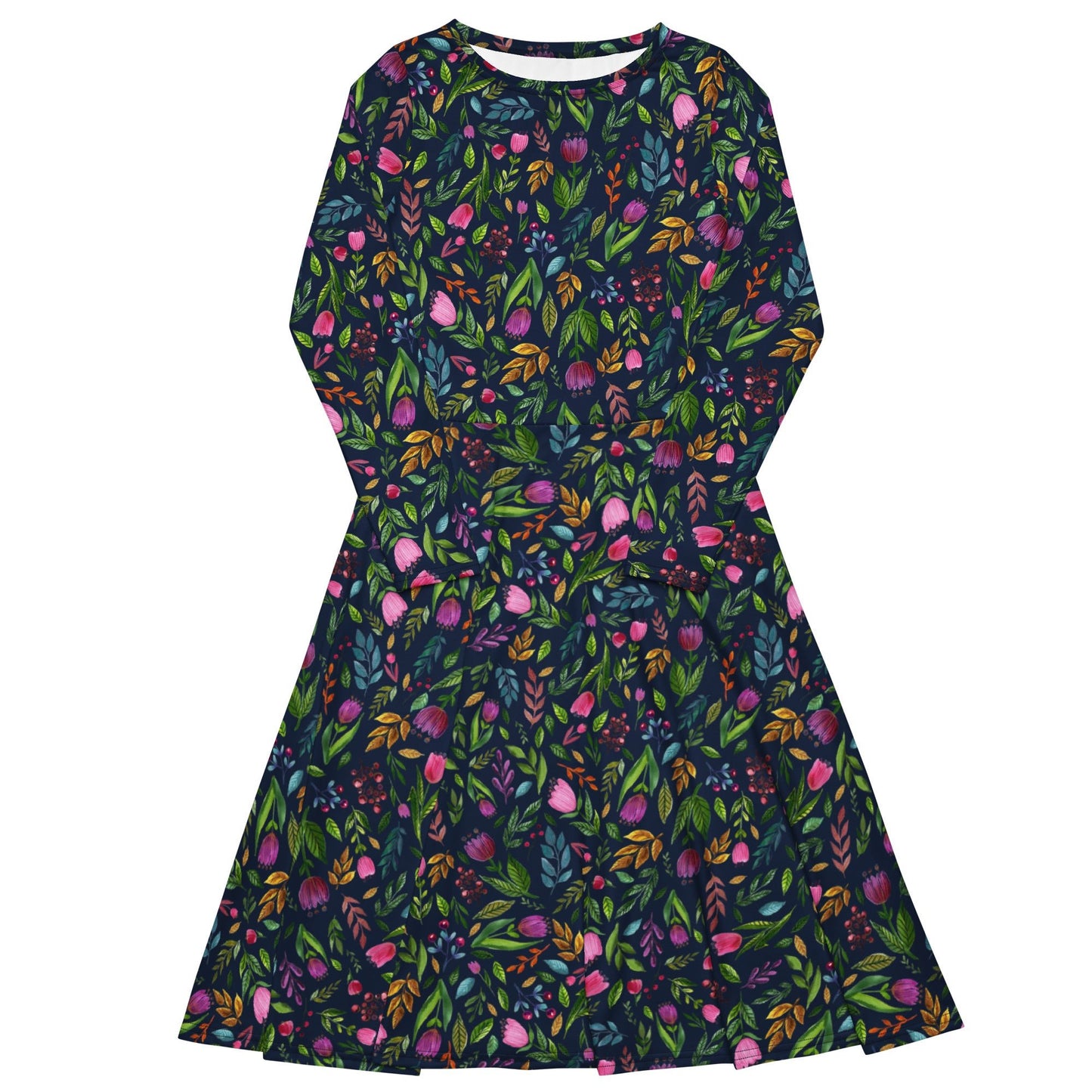 🌙 Bloom Boldly – Navy Floral Midi Dress with Pockets! 🌸 - SANDRAAS