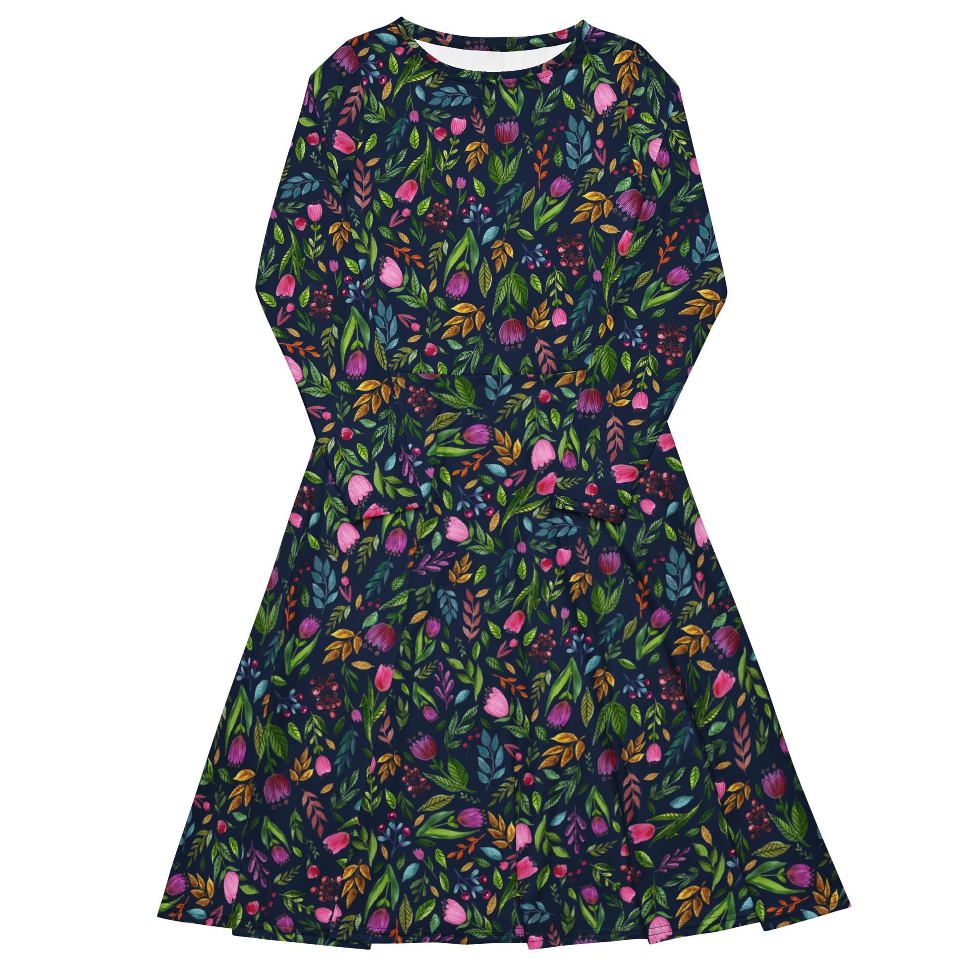 🌙 Bloom Boldly – Navy Floral Midi Dress with Pockets! 🌸 - SANDRAAS