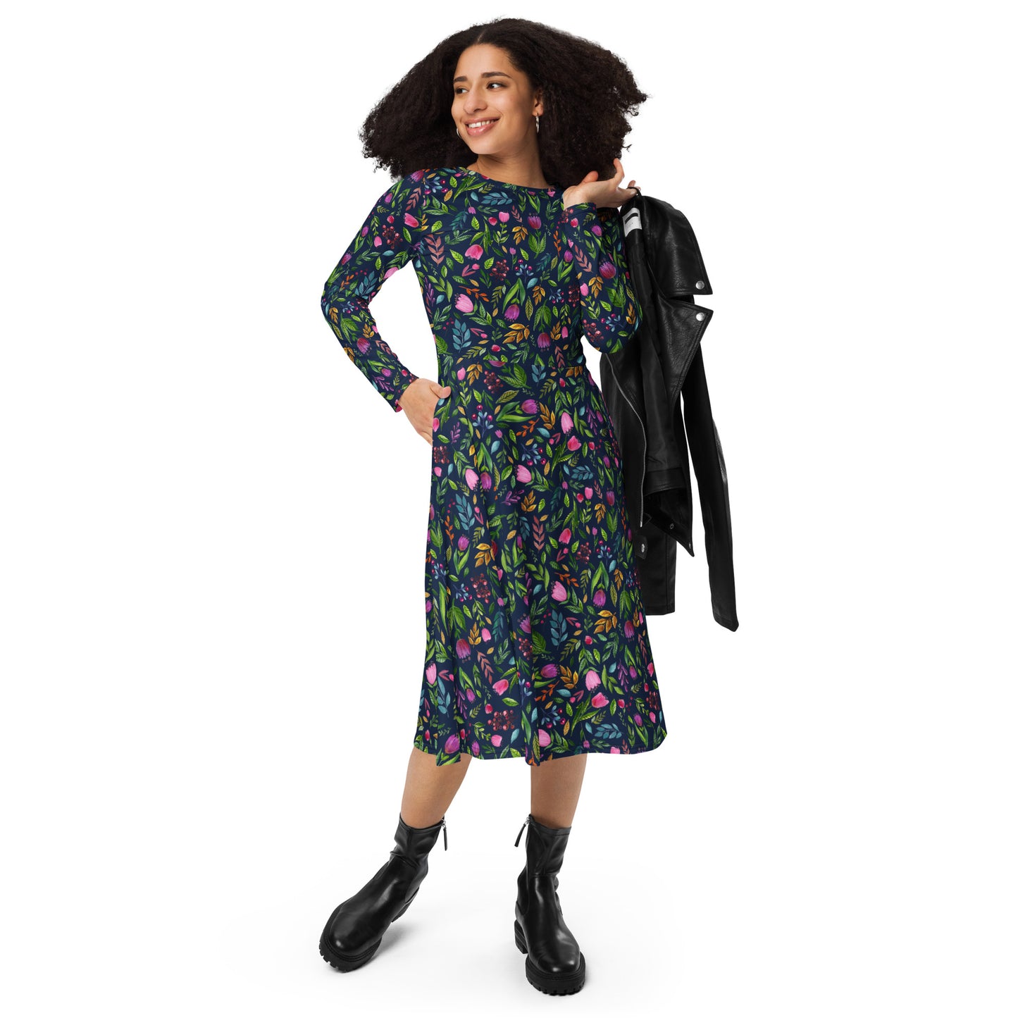🌙 Bloom Boldly – Navy Floral Midi Dress with Pockets! 🌸 - SANDRAAS