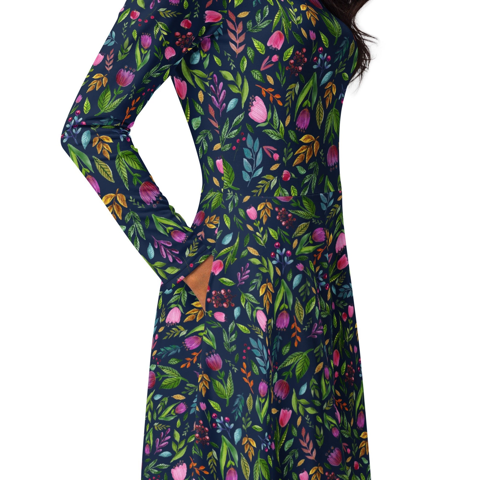 🌙 Bloom Boldly – Navy Floral Midi Dress with Pockets! 🌸 - SANDRAAS
