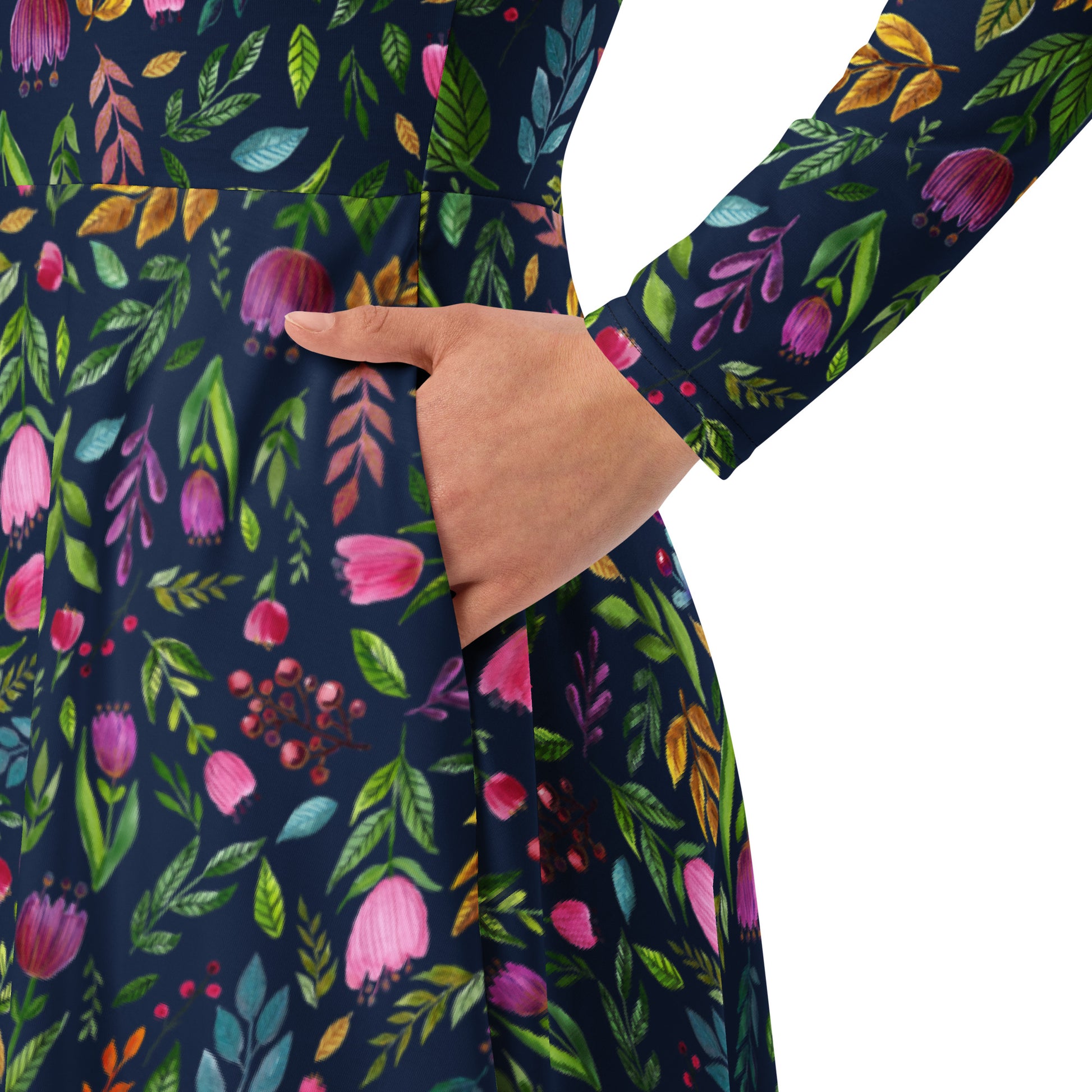 🌙 Bloom Boldly – Navy Floral Midi Dress with Pockets! 🌸 - SANDRAAS