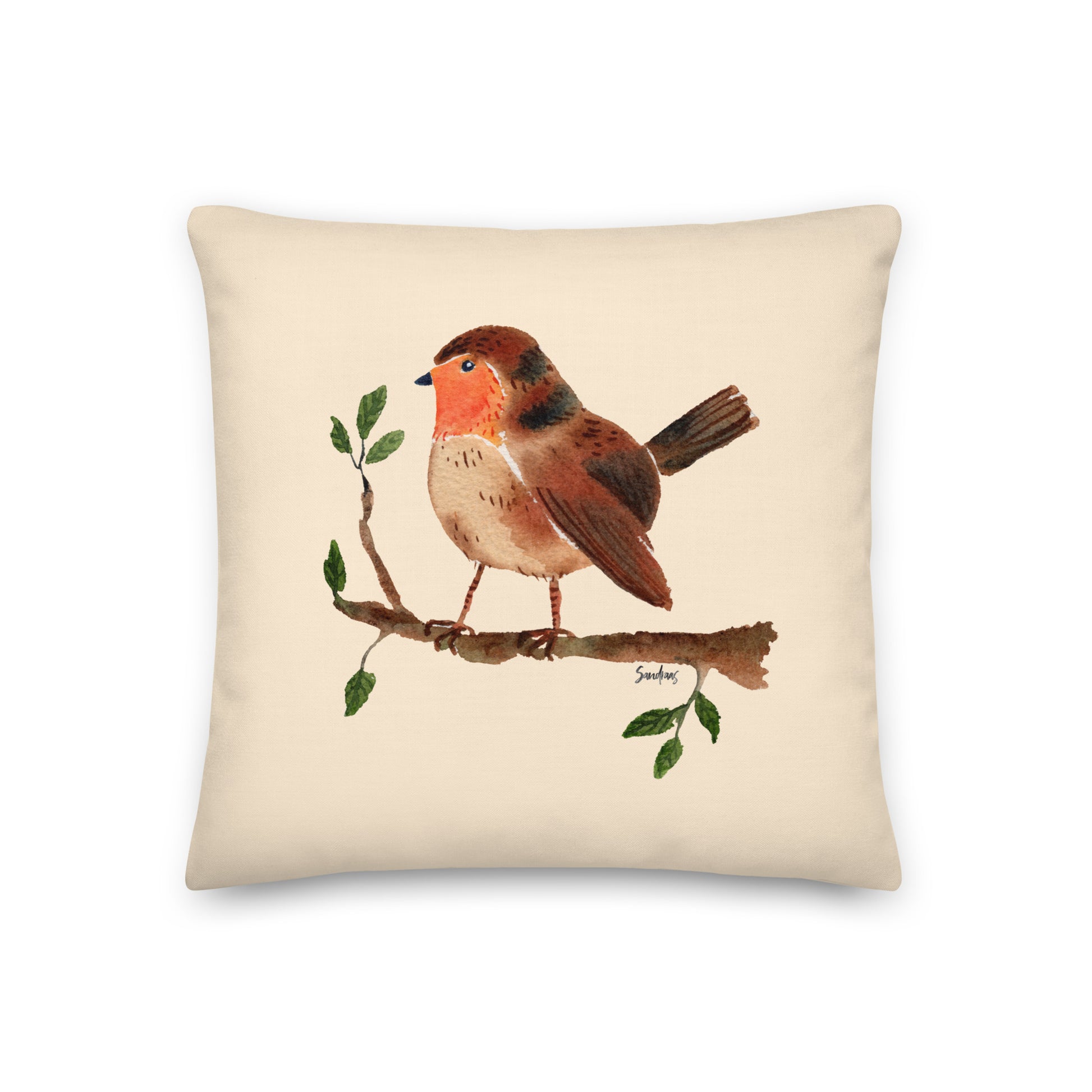 🛋️ Premium Pillow – Robin on a Branch – Cream Watercolor Edition 🐦🤍 - SANDRAAS