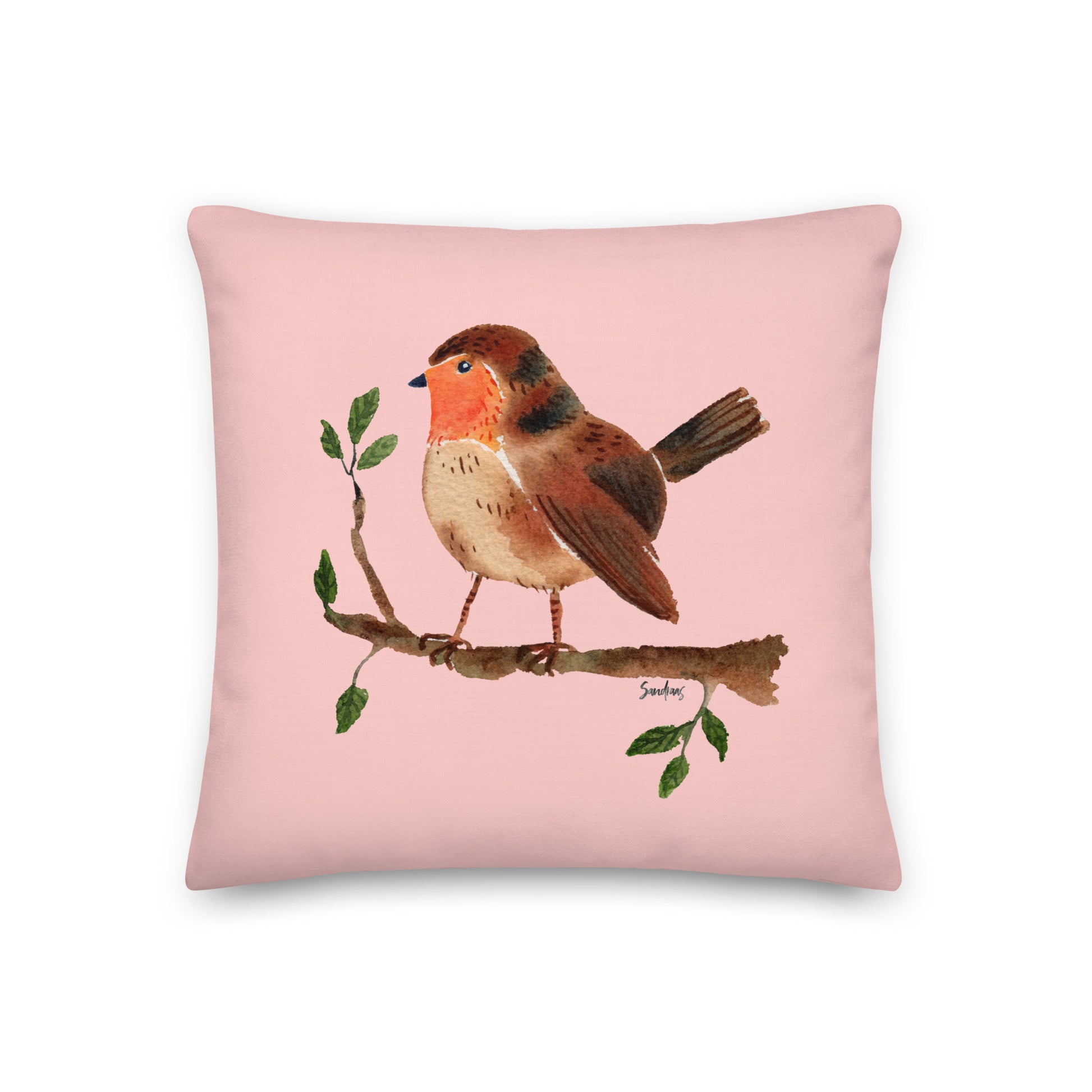 🛋️ Premium Pillow – Robin on a Branch – Cosmos Pink Watercolor Edition 🐦🌸 - SANDRAAS