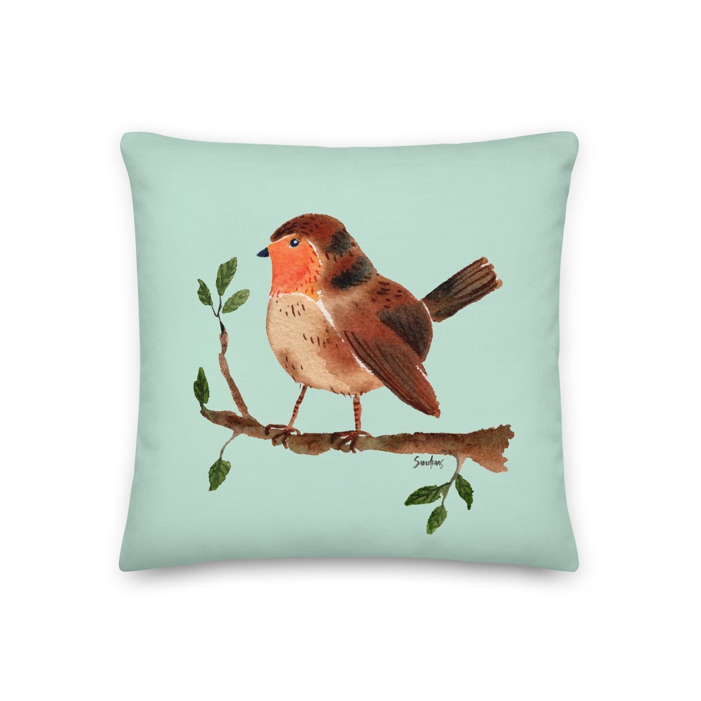 🛋️ Premium Pillow – Robin on a Branch – Aero Blue Watercolor Edition 🐦💚 - SANDRAAS