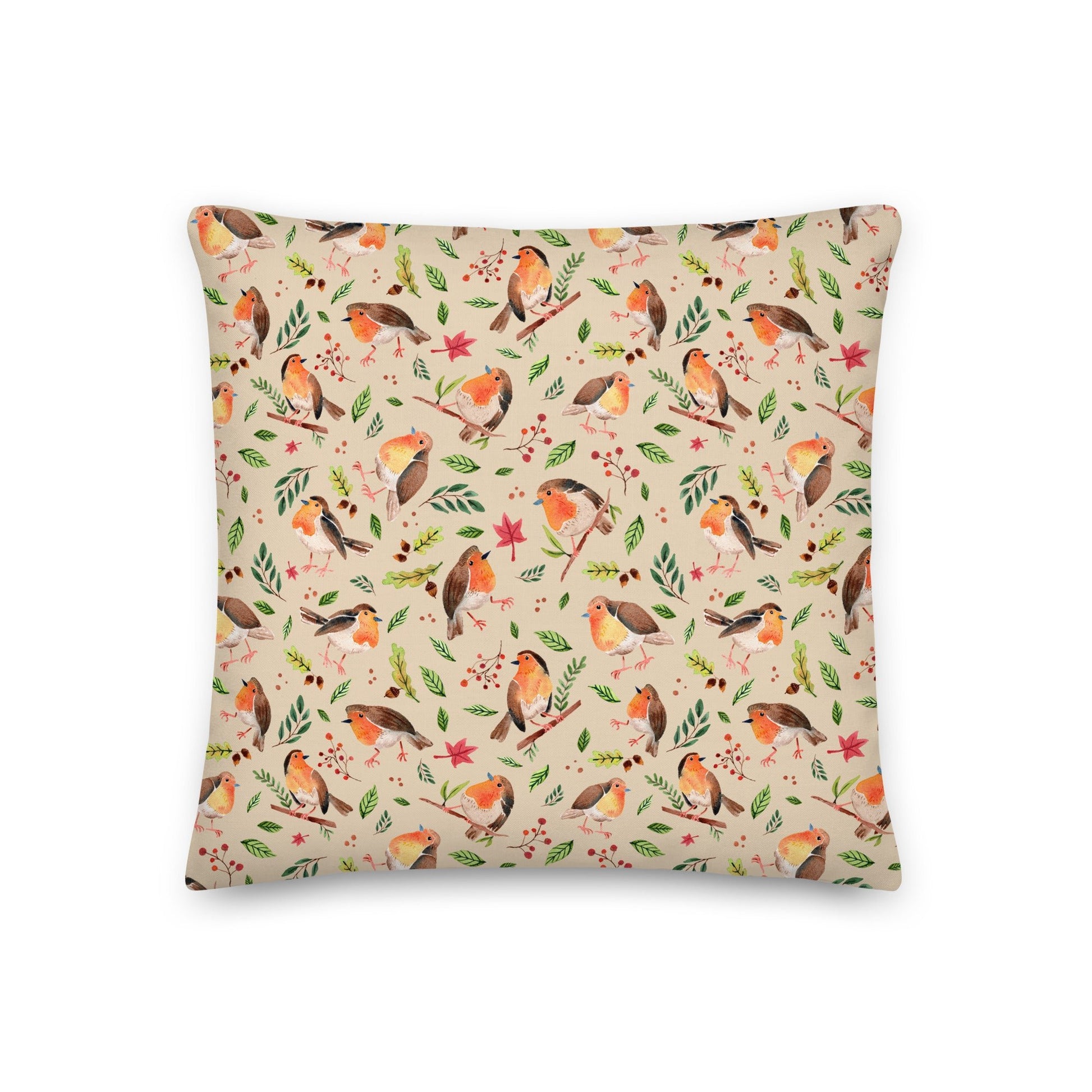 Premium Pillow – Robin Watercolor 🐦🍃 – Cozy Nature Charm for Your Home - SANDRAAS