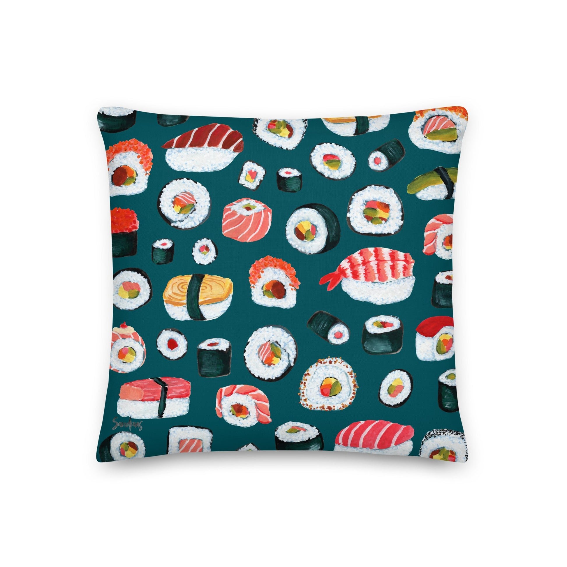 🍣 Premium Pillow – Sushi Pattern – Sherpa Blue Gouache Edition - SANDRAAS