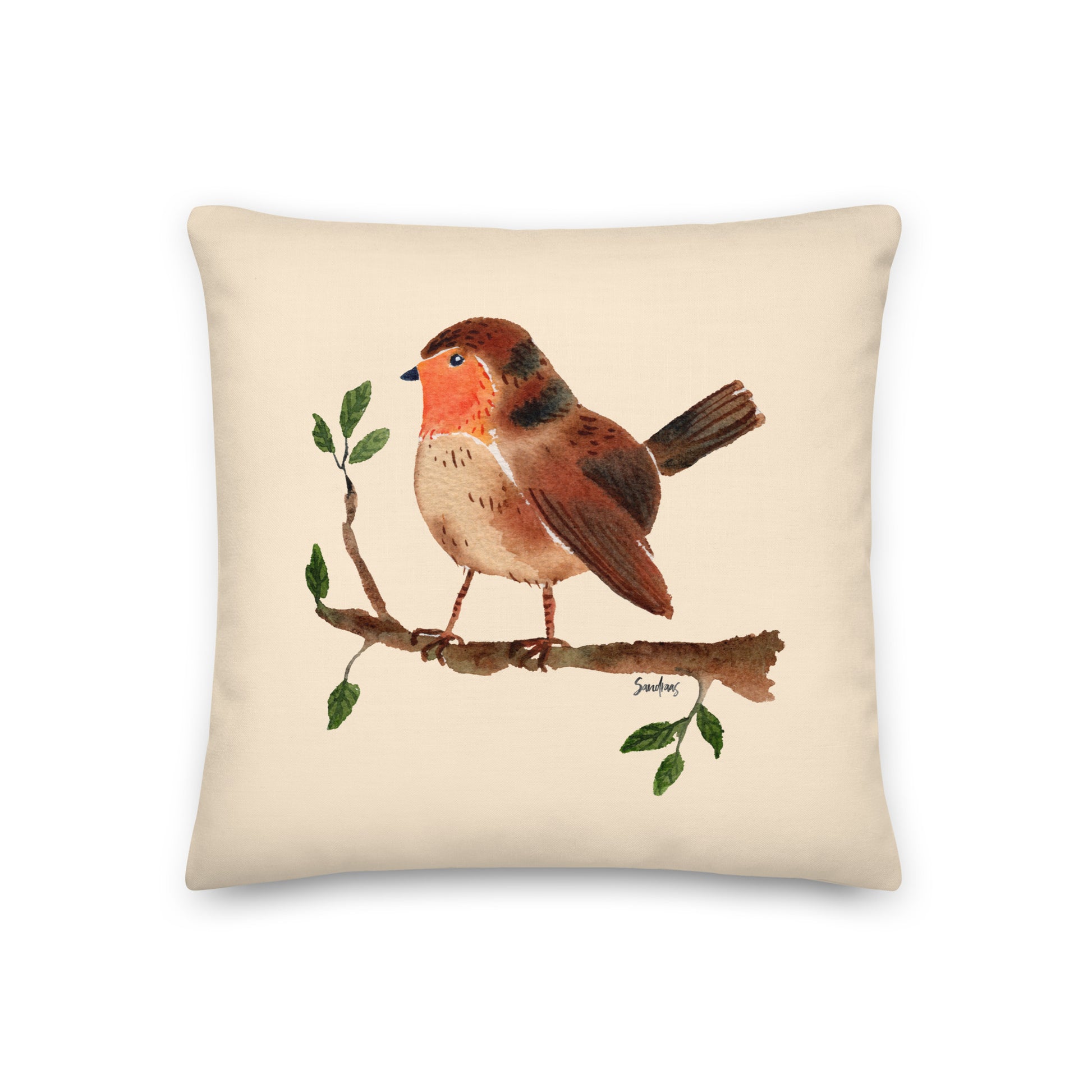 🛋️ Premium Pillow – Robin on a Branch – Cream Watercolor Edition 🐦🤍 - SANDRAAS