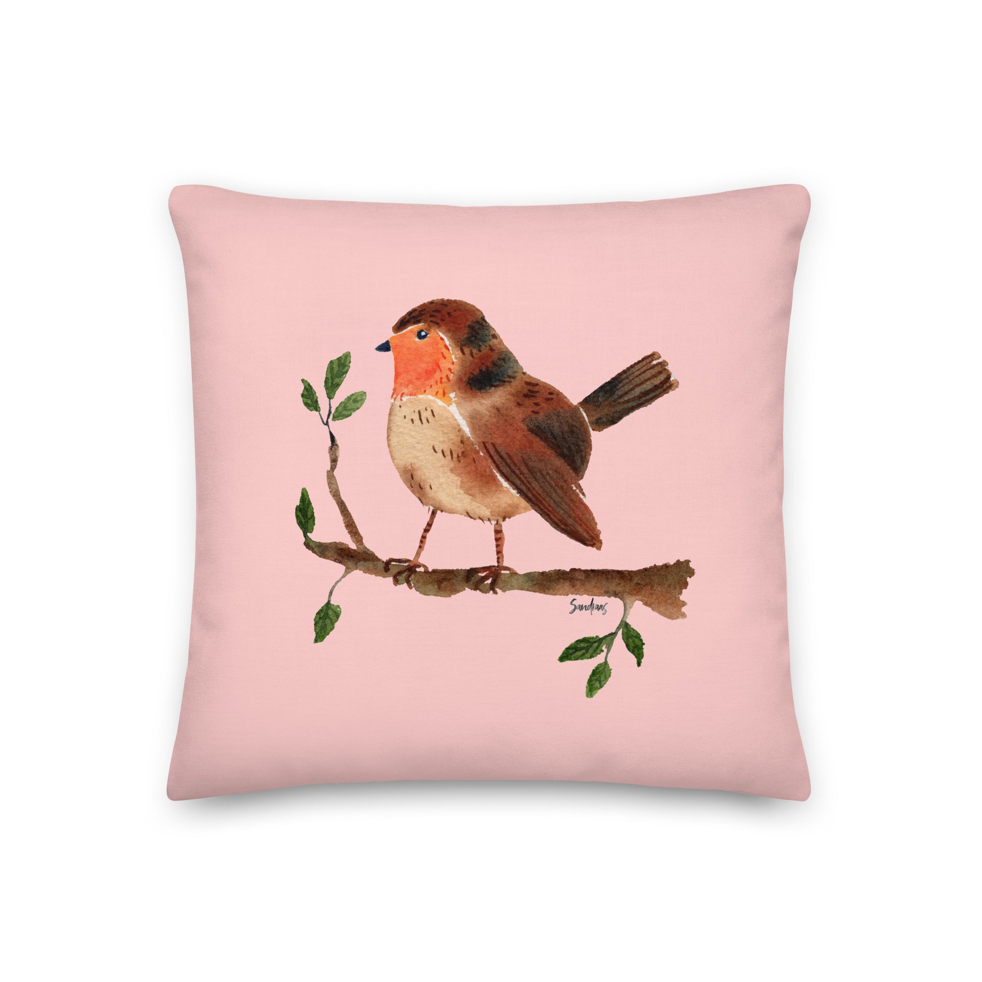🛋️ Premium Pillow – Robin on a Branch – Cosmos Pink Watercolor Edition 🐦🌸 - SANDRAAS