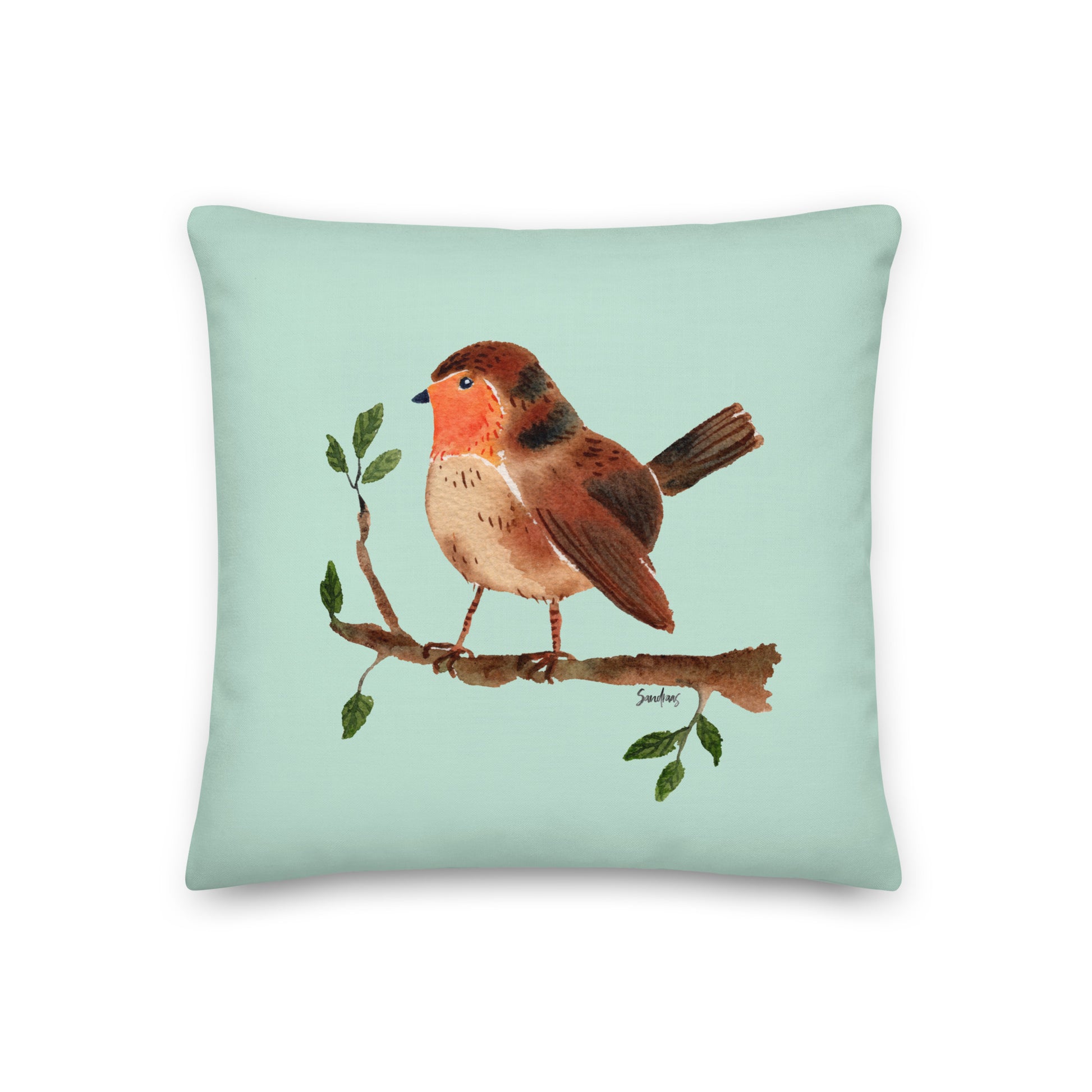 🛋️ Premium Pillow – Robin on a Branch – Aero Blue Watercolor Edition 🐦💚 - SANDRAAS