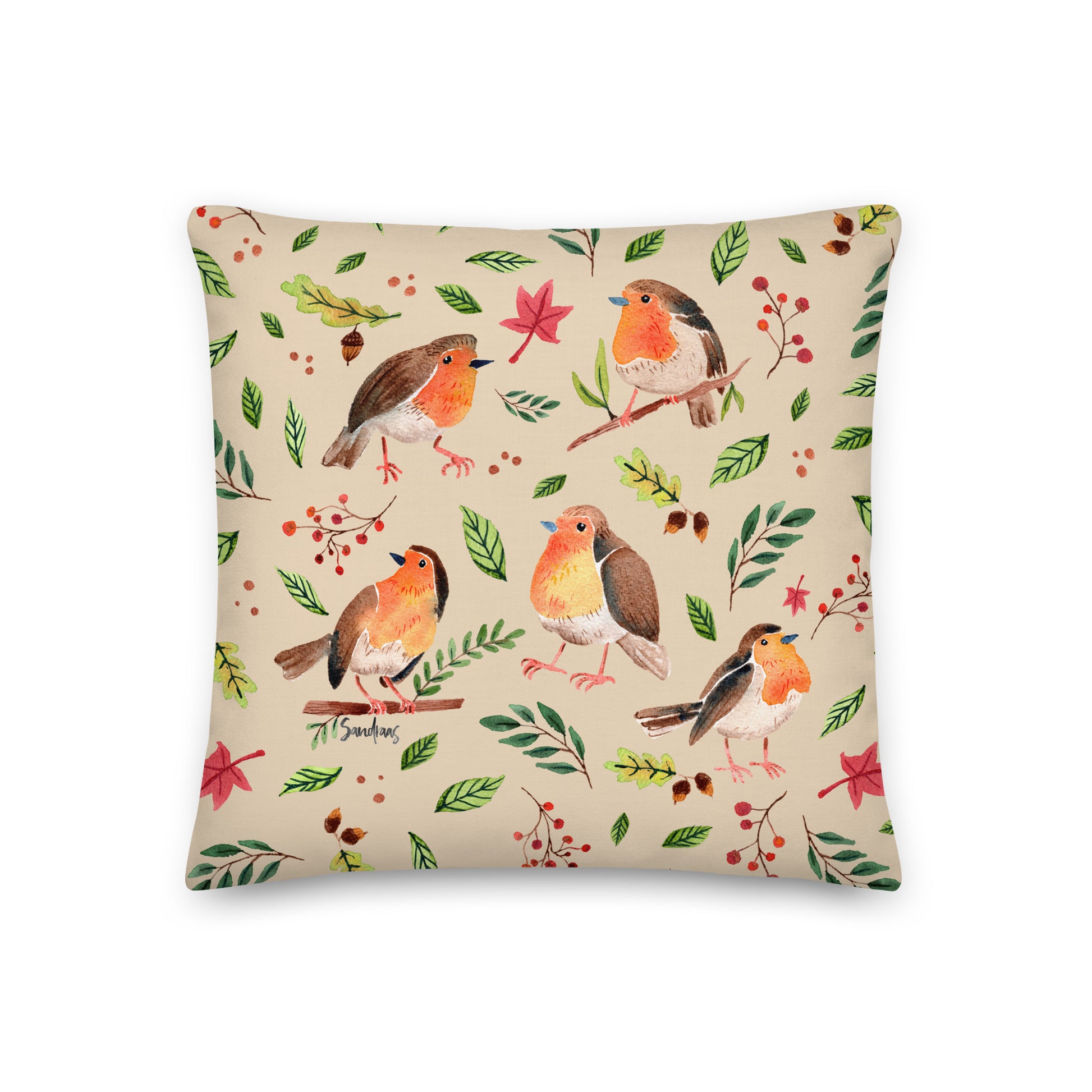 Premium Pillow – Robin Watercolor 🐦🍃 – Cozy Nature Charm for Your Home - SANDRAAS