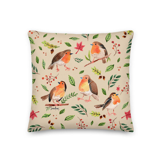 Premium Pillow – Robin Watercolor 🐦🍃 – Cozy Nature Charm for Your Home - SANDRAAS