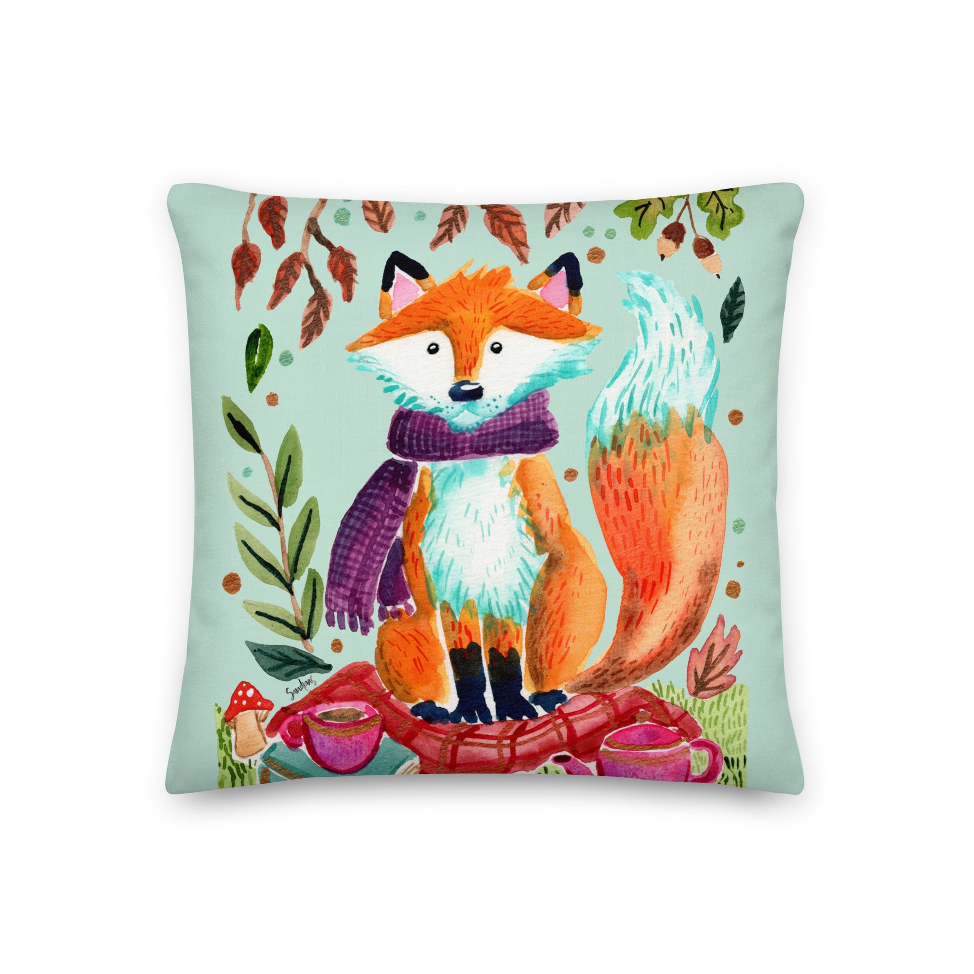 Cozy Fox Autumn Scene Green – Premium Pillow 🍂🦊✨ - SANDRAAS