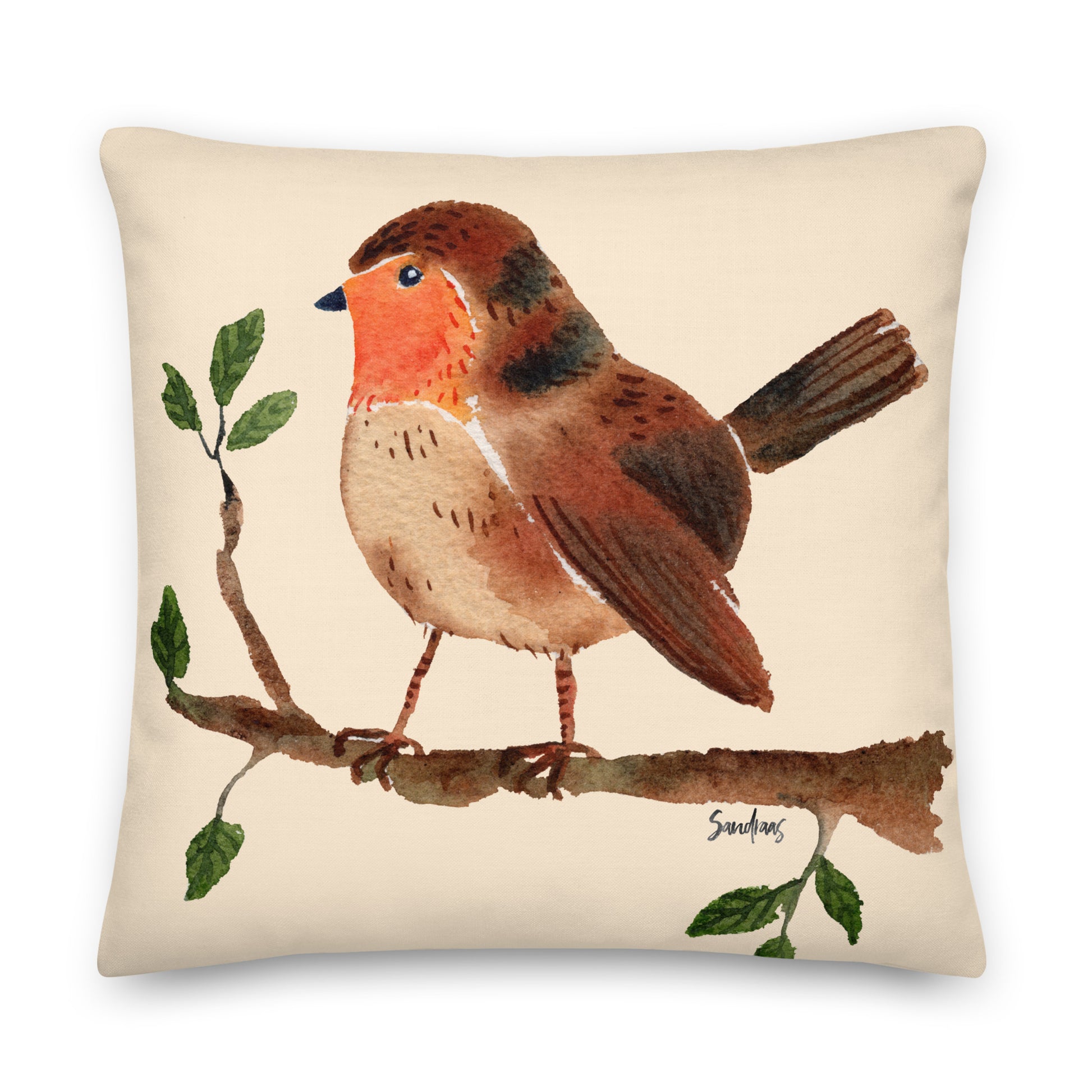 🛋️ Premium Pillow – Robin on a Branch – Cream Watercolor Edition 🐦🤍 - SANDRAAS