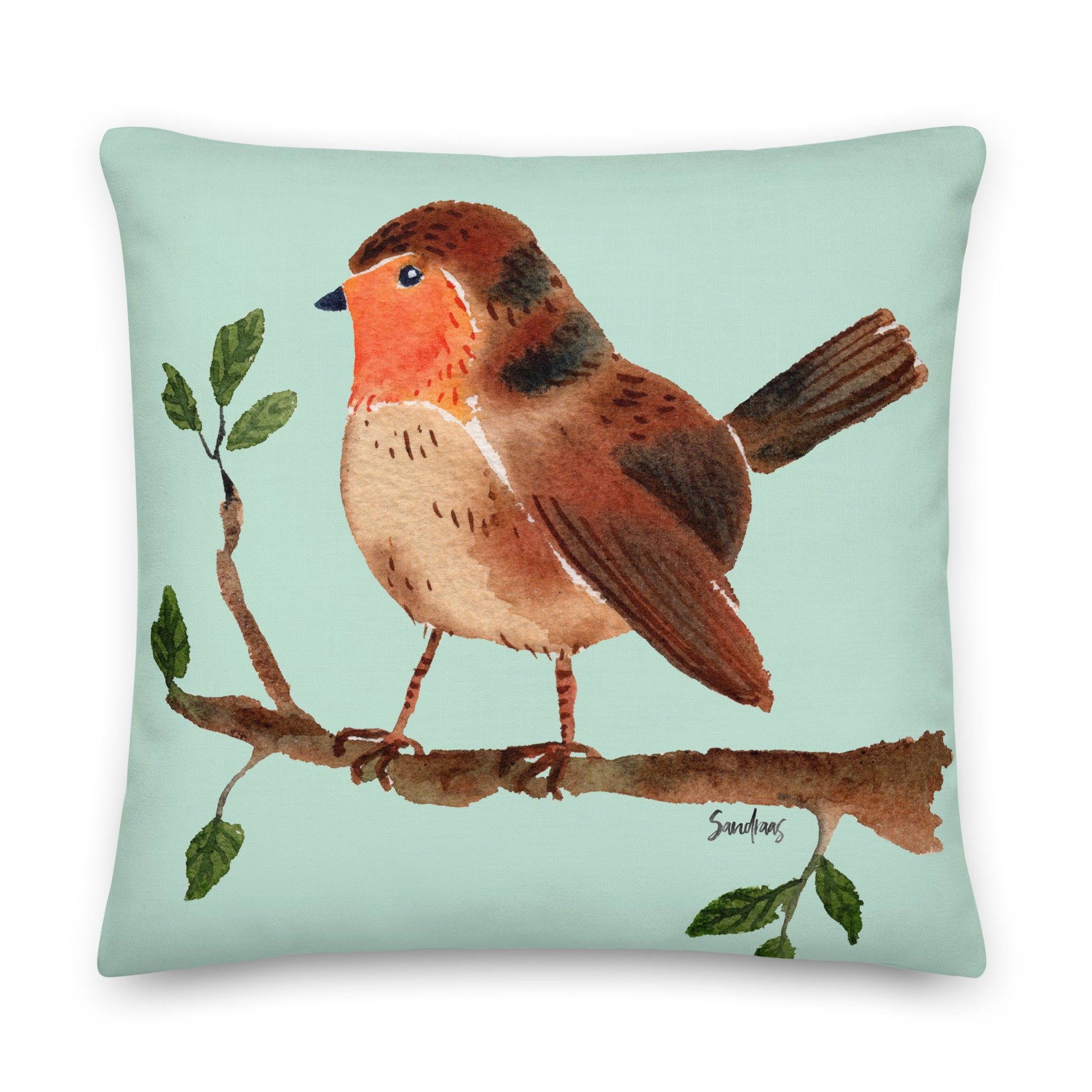 🛋️ Premium Pillow – Robin on a Branch – Aero Blue Watercolor Edition 🐦💚 - SANDRAAS