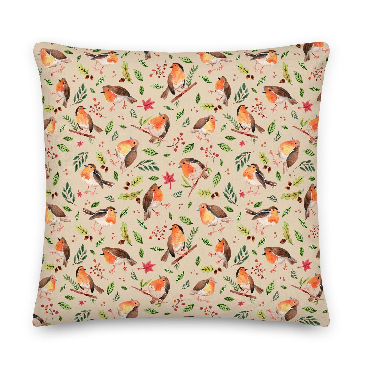 Premium Pillow – Robin Watercolor 🐦🍃 – Cozy Nature Charm for Your Home - SANDRAAS