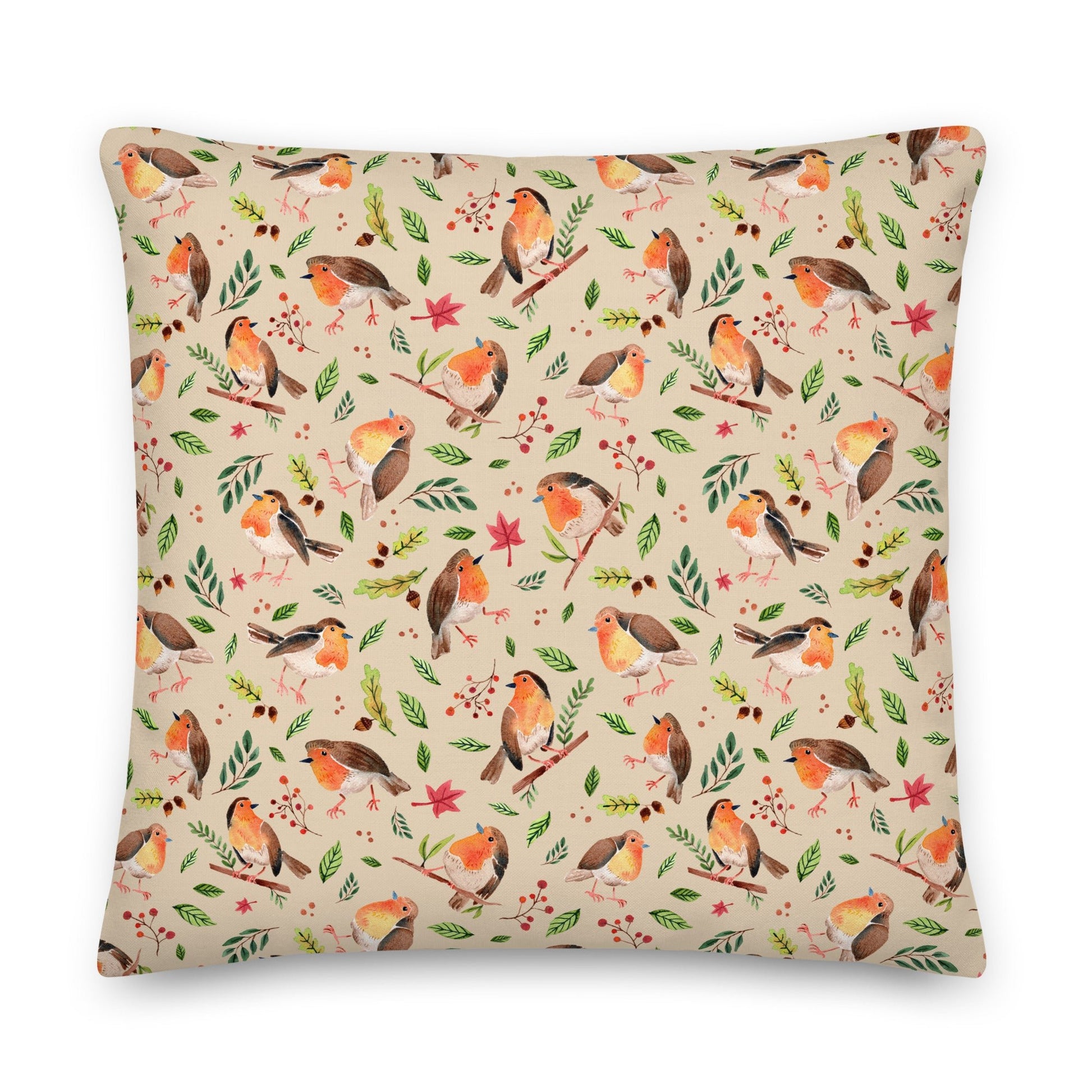 Premium Pillow – Robin Watercolor 🐦🍃 – Cozy Nature Charm for Your Home - SANDRAAS