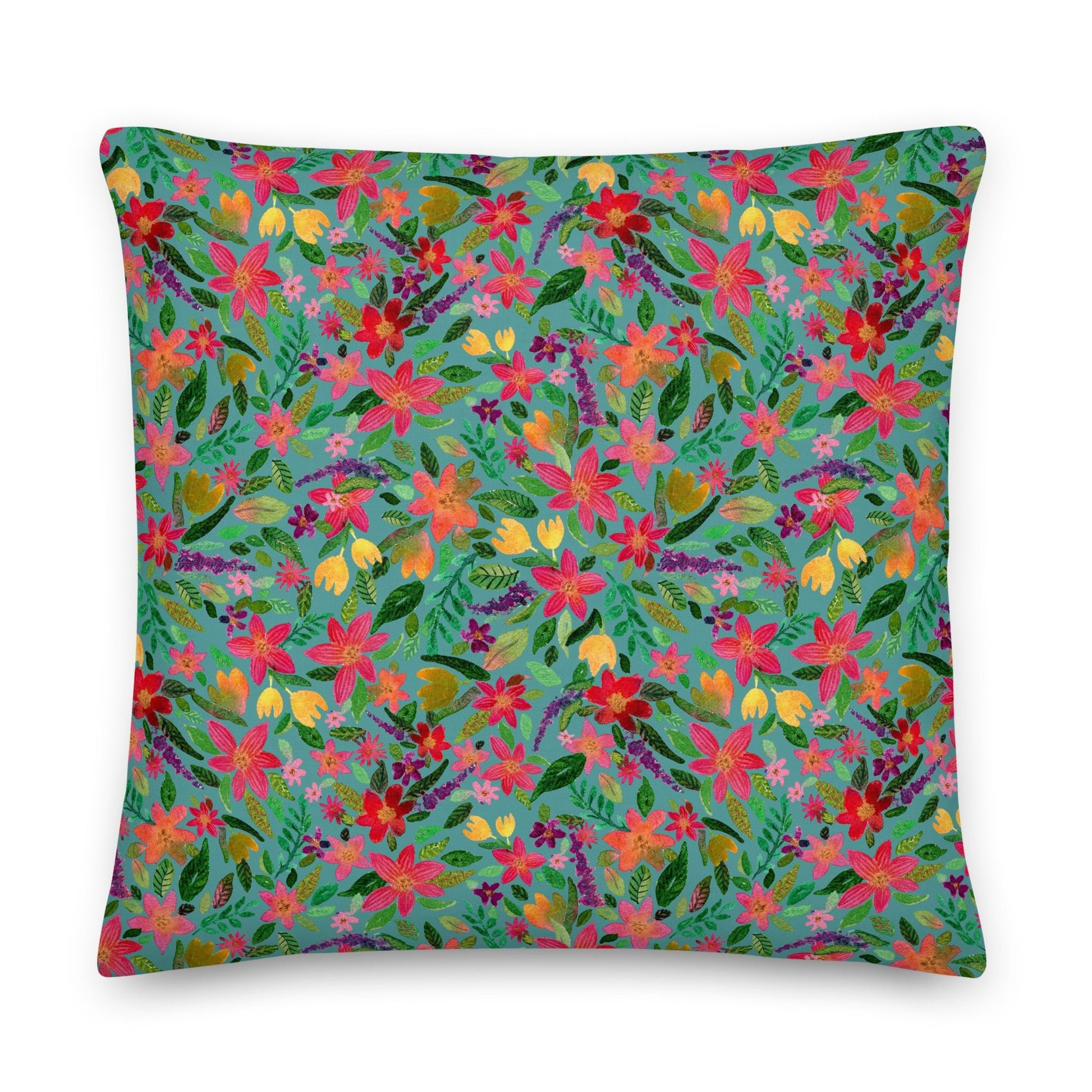 🌼 Premium Pillow – Green & Bright Florals 💚🛋 - SANDRAAS