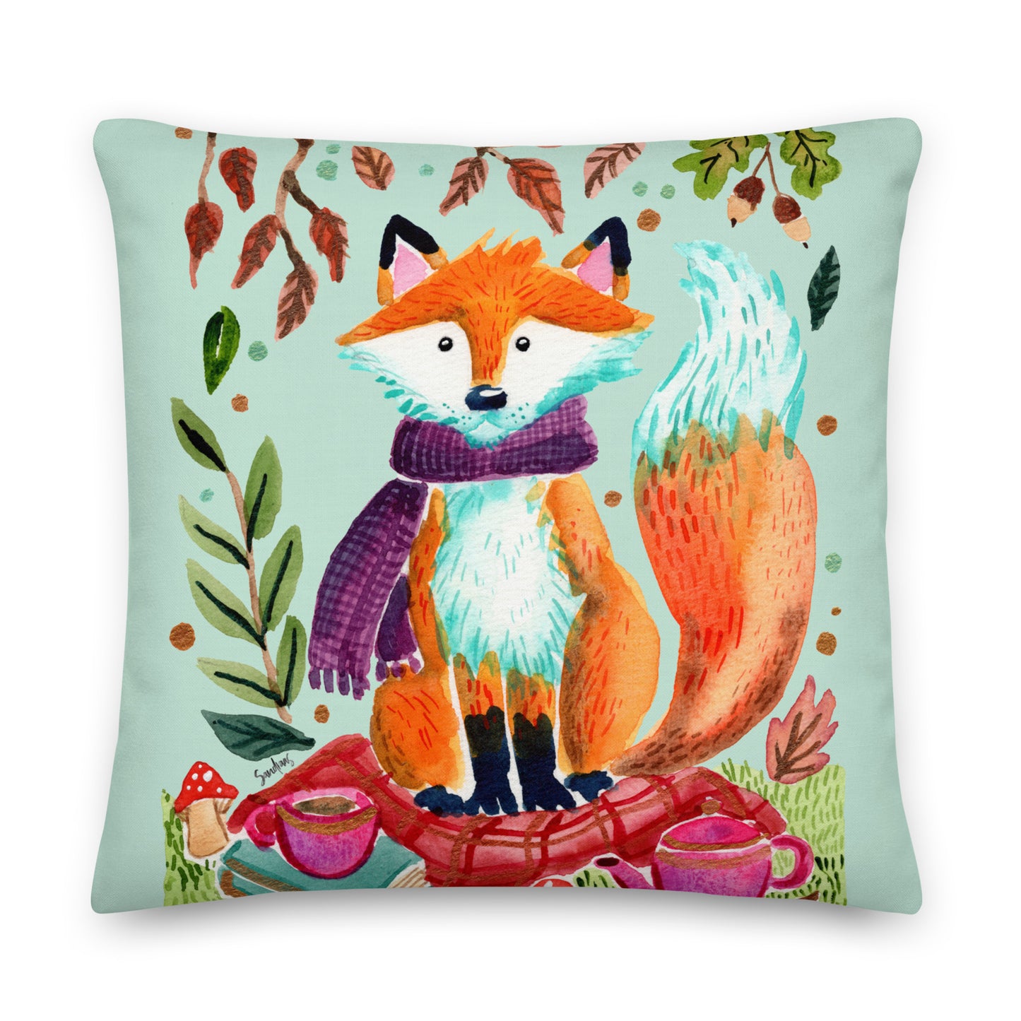 Cozy Fox Autumn Scene Green – Premium Pillow 🍂🦊✨ - SANDRAAS