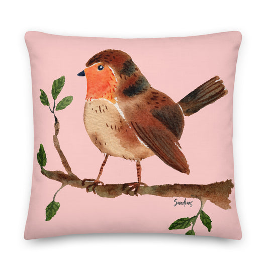 🛋️ Premium Pillow – Robin on a Branch – Cosmos Pink Watercolor Edition 🐦🌸 - SANDRAAS