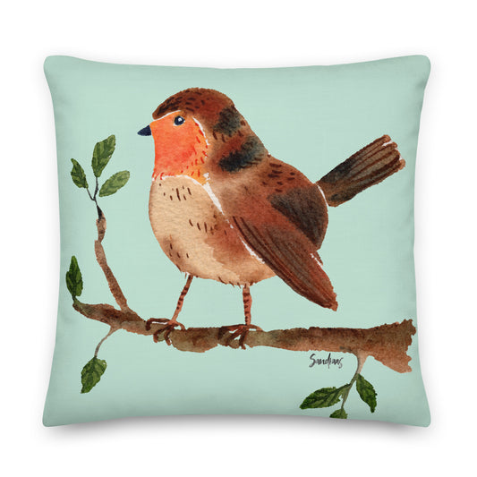 🛋️ Premium Pillow – Robin on a Branch – Aero Blue Watercolor Edition 🐦💚 - SANDRAAS
