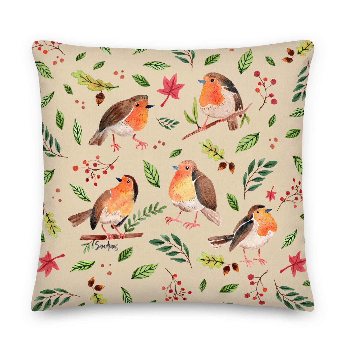 Premium Pillow – Robin Watercolor 🐦🍃 – Cozy Nature Charm for Your Home - SANDRAAS