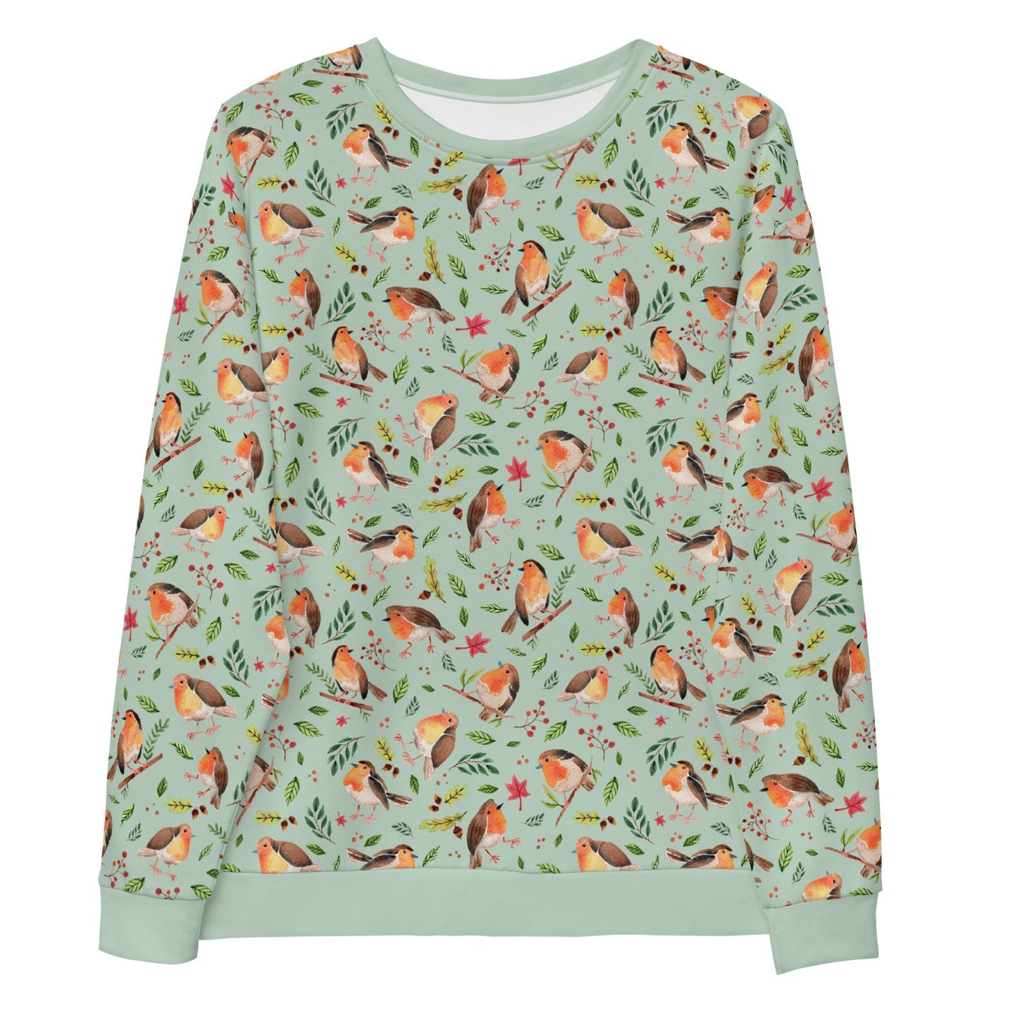 🍃 Unisex Sweatshirt – Robins – Light Green Watercolor Edition - SANDRAAS