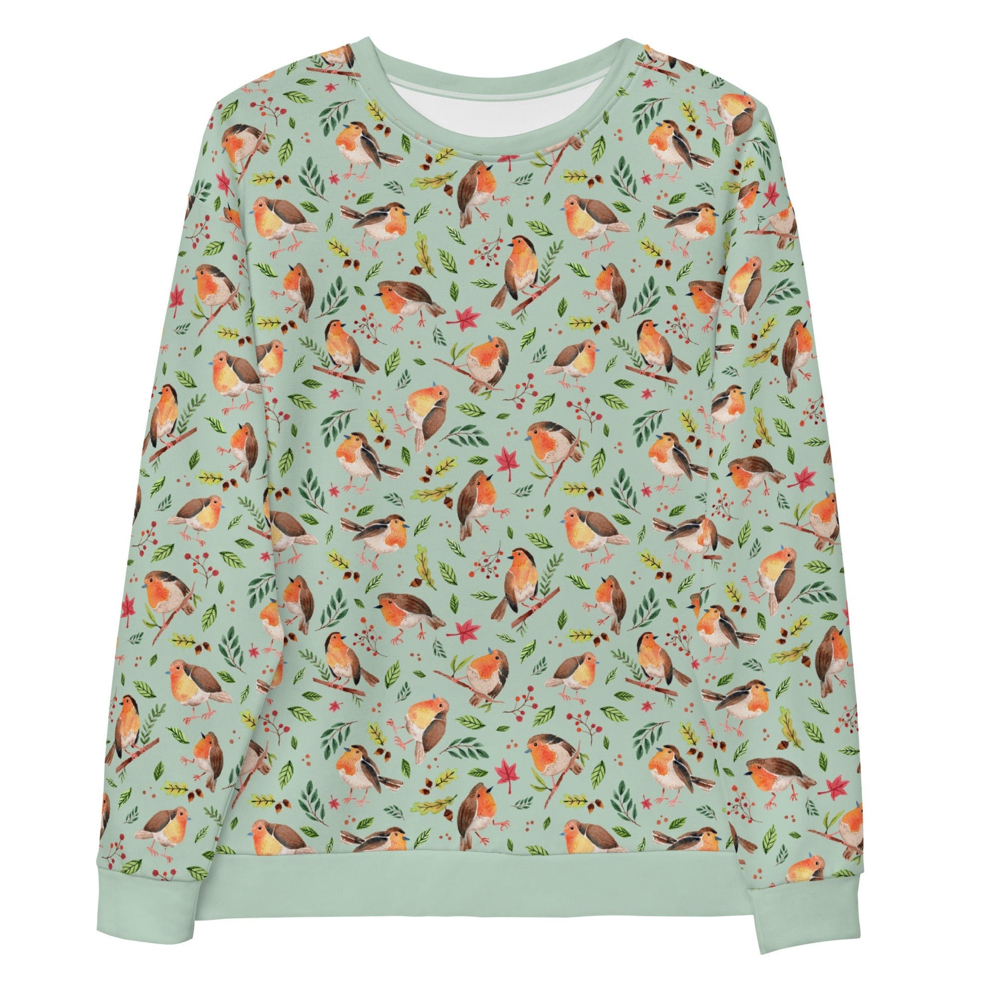 🍃 Unisex Sweatshirt – Robins – Light Green Watercolor Edition - SANDRAAS