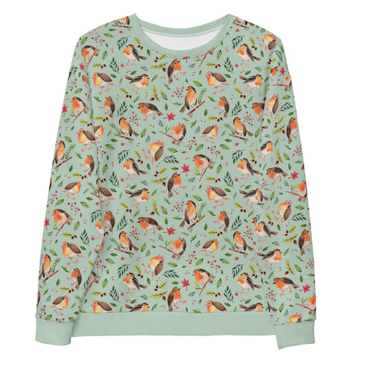 🍃 Unisex Sweatshirt – Robins – Light Green Watercolor Edition - SANDRAAS