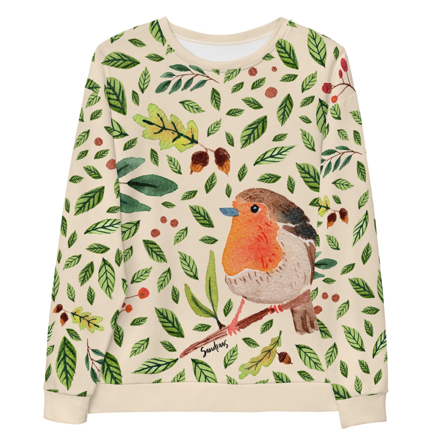 🕊️ Unisex Sweatshirt – Robins & Green Leaves – Cream Edition - SANDRAAS