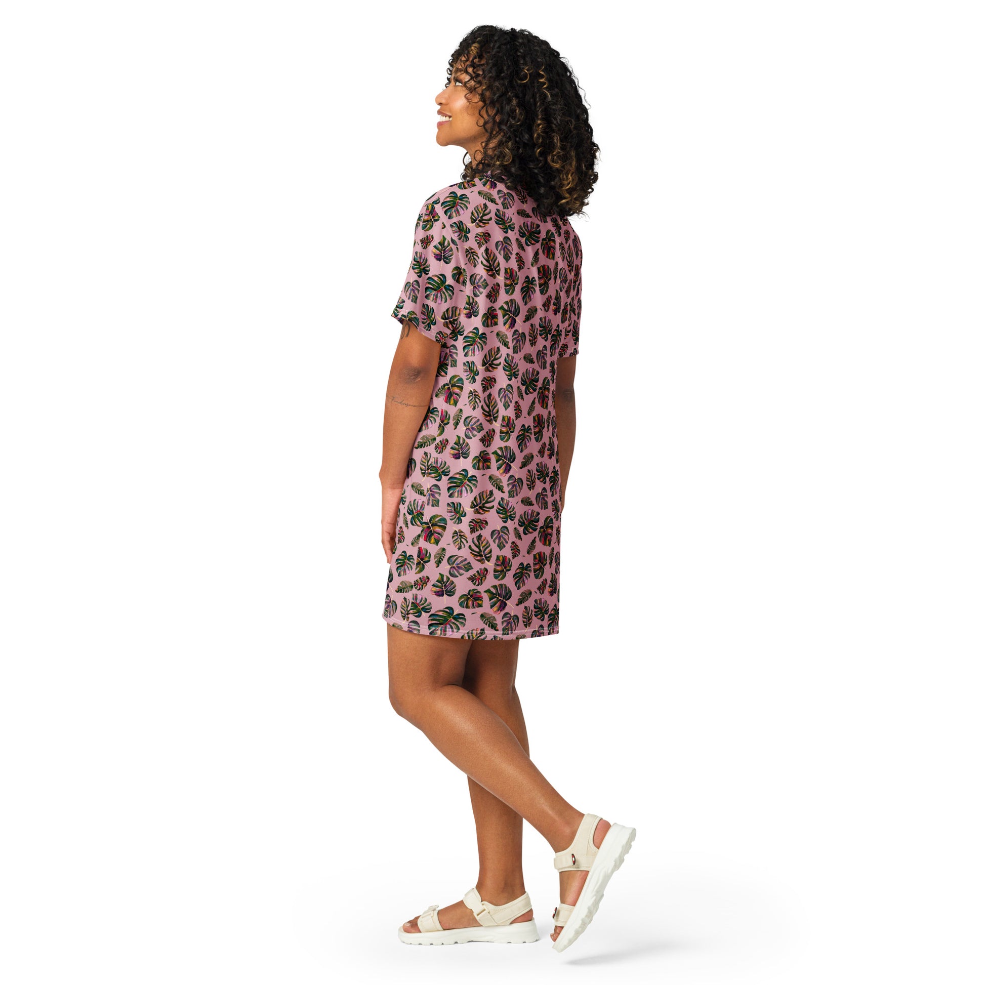 🌿 Monstera Magic T-Shirt Dress – Botanical Bliss in Pink! - SANDRAAS