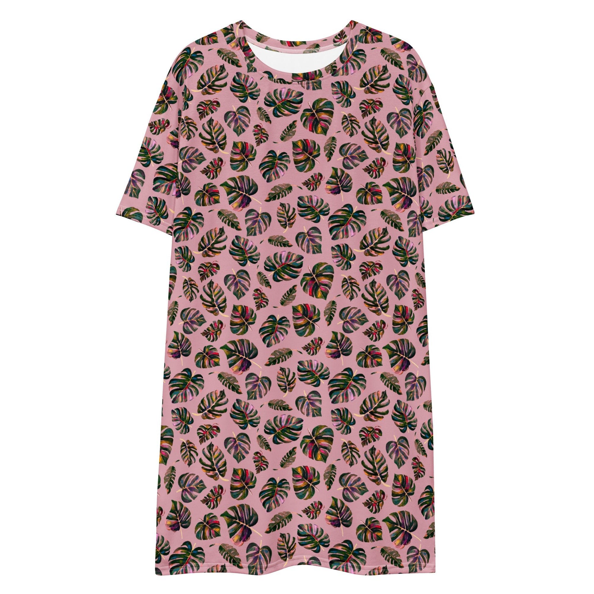 🌿 Monstera Magic T-Shirt Dress – Botanical Bliss in Pink! - SANDRAAS
