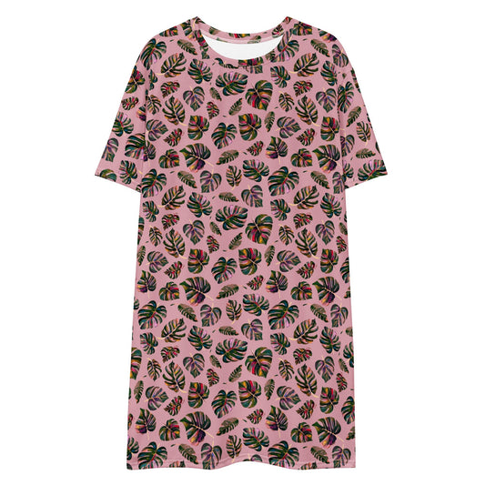 🌿 Monstera Magic T-Shirt Dress – Botanical Bliss in Pink! - SANDRAAS