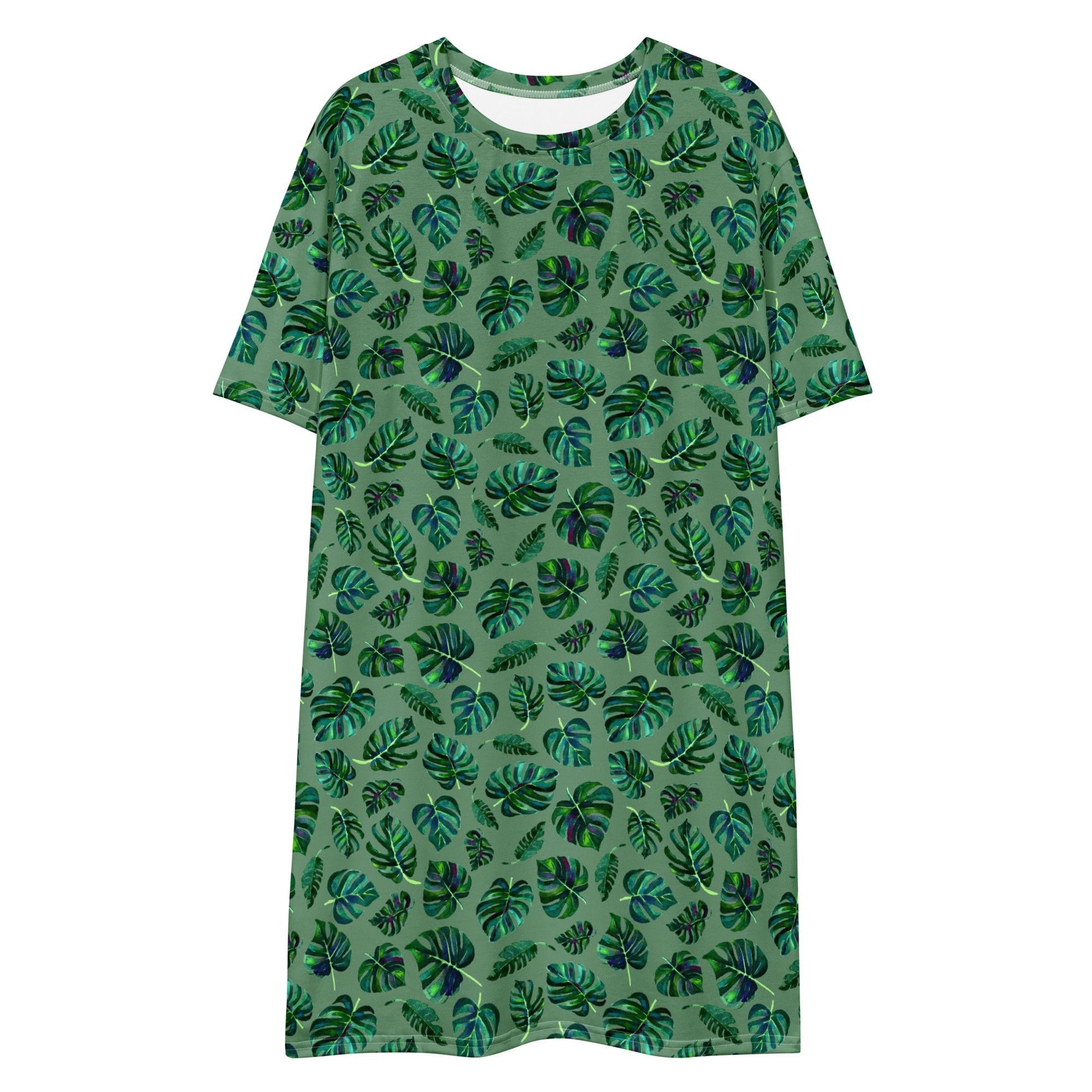 🌿 Jungle Dream T-Shirt Dress – Monstera in Motion - SANDRAAS