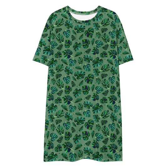 🌿 Jungle Dream T-Shirt Dress – Monstera in Motion - SANDRAAS