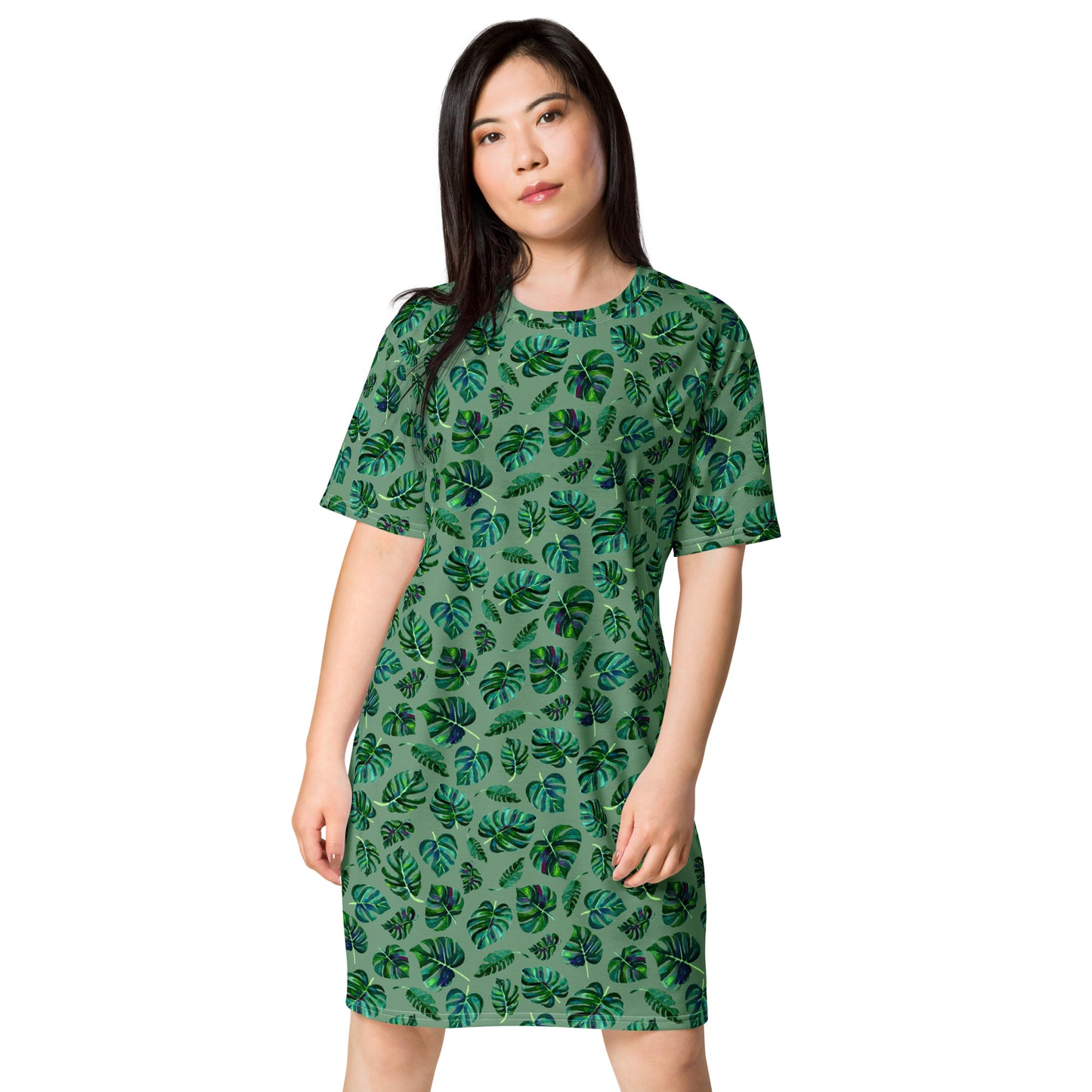 🌿 Jungle Dream T-Shirt Dress – Monstera in Motion - SANDRAAS