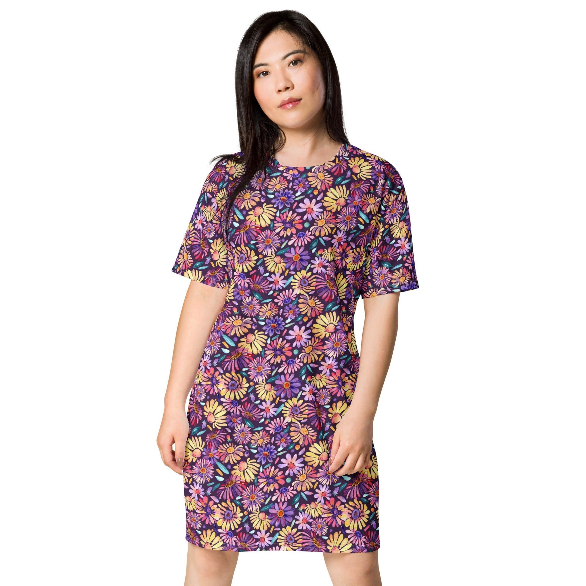 🌸 Purple Daisy Daydream – Watercolor T-Shirt Dress - SANDRAAS