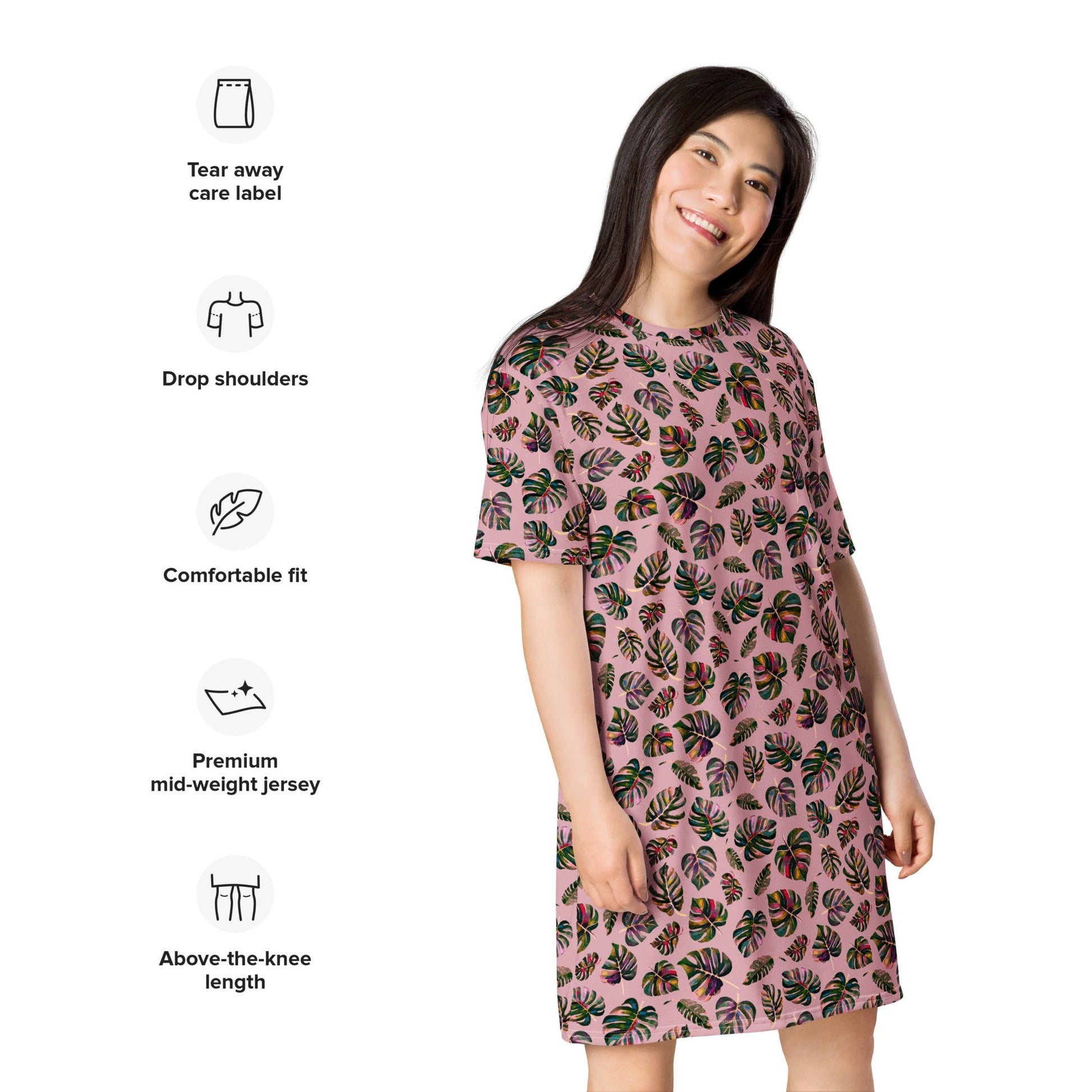 🌿 Monstera Magic T-Shirt Dress – Botanical Bliss in Pink! - SANDRAAS
