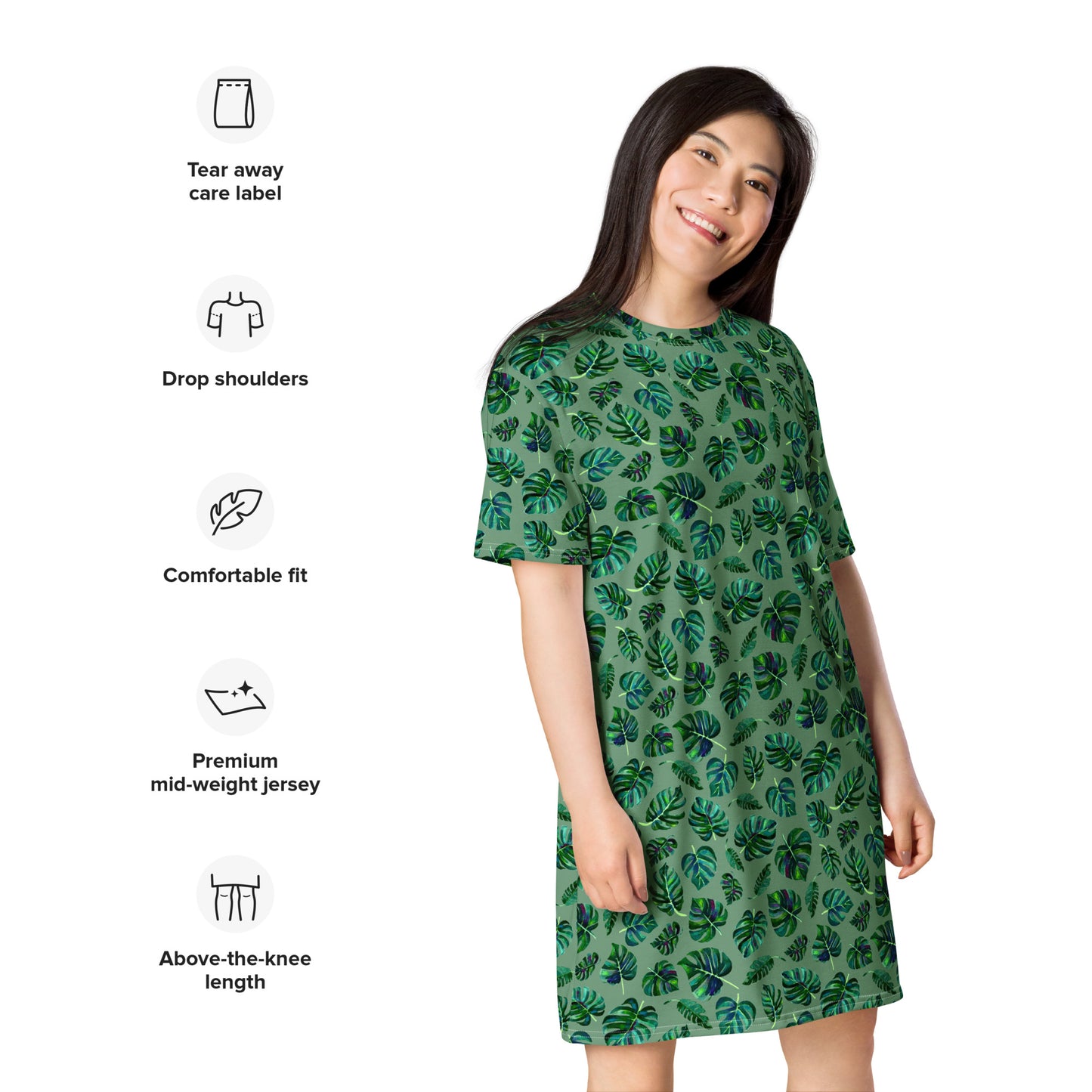 🌿 Jungle Dream T-Shirt Dress – Monstera in Motion - SANDRAAS