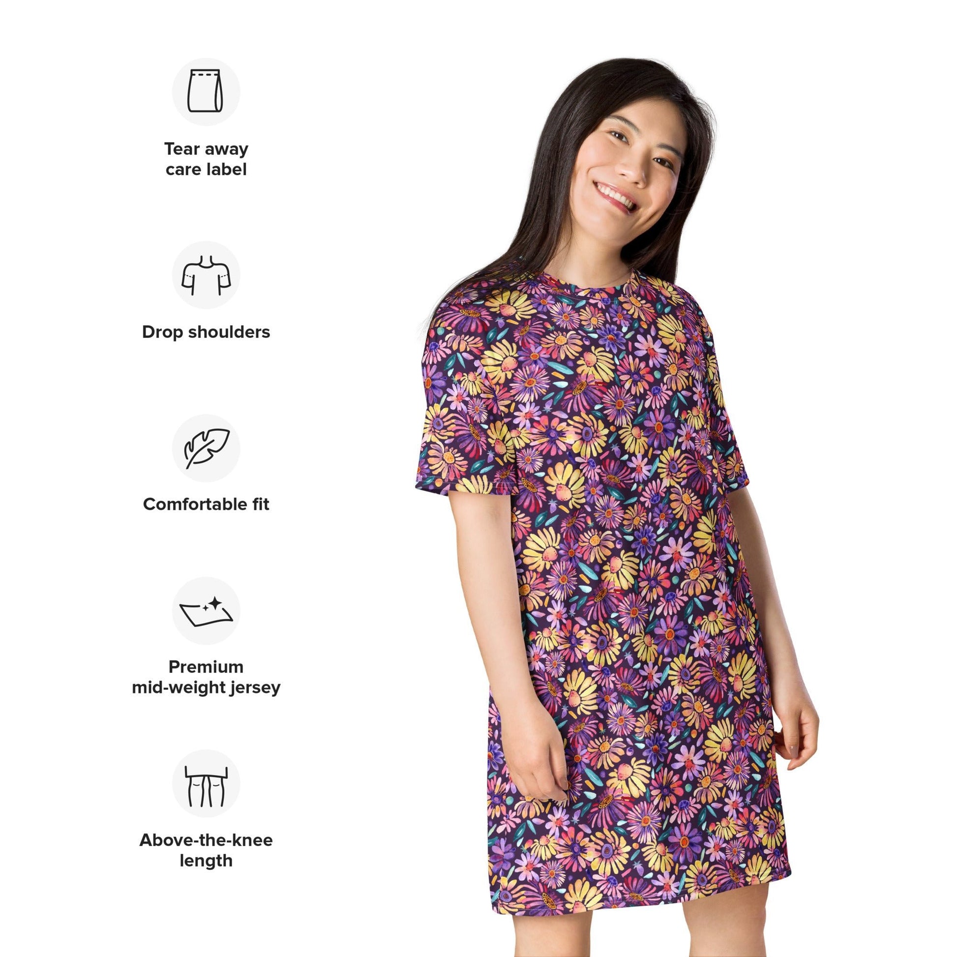 🌸 Purple Daisy Daydream – Watercolor T-Shirt Dress - SANDRAAS