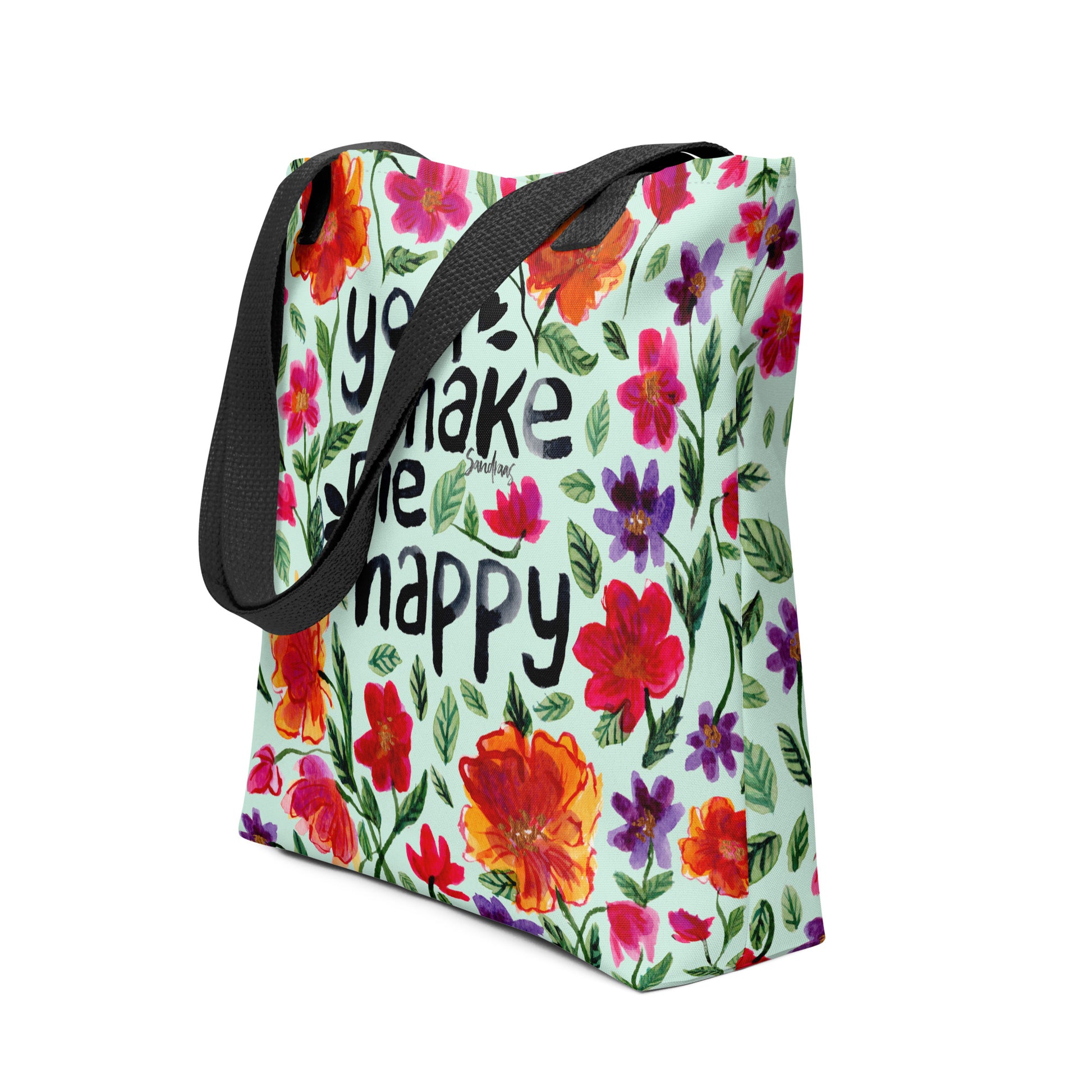 👜 "You Make Me Happy" Watercolor Floral Tote Bag – Light Blue Edition 💙 - SANDRAAS