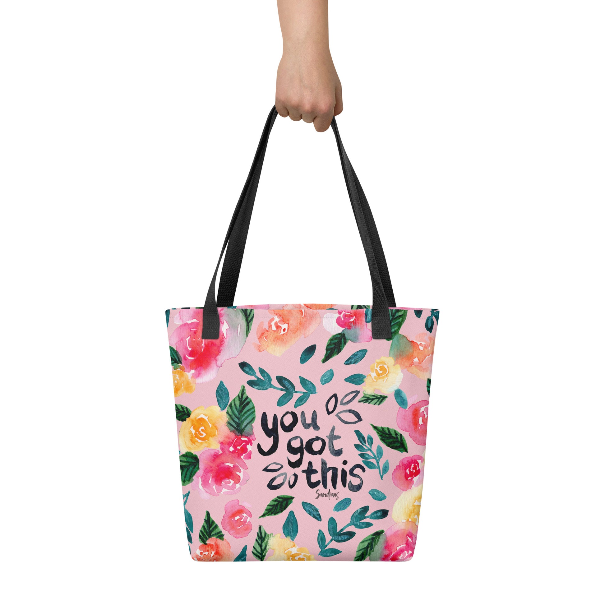 🌸 “You Got This” Watercolor Floral Tote Bag – Pink Edition 💪 - SANDRAAS
