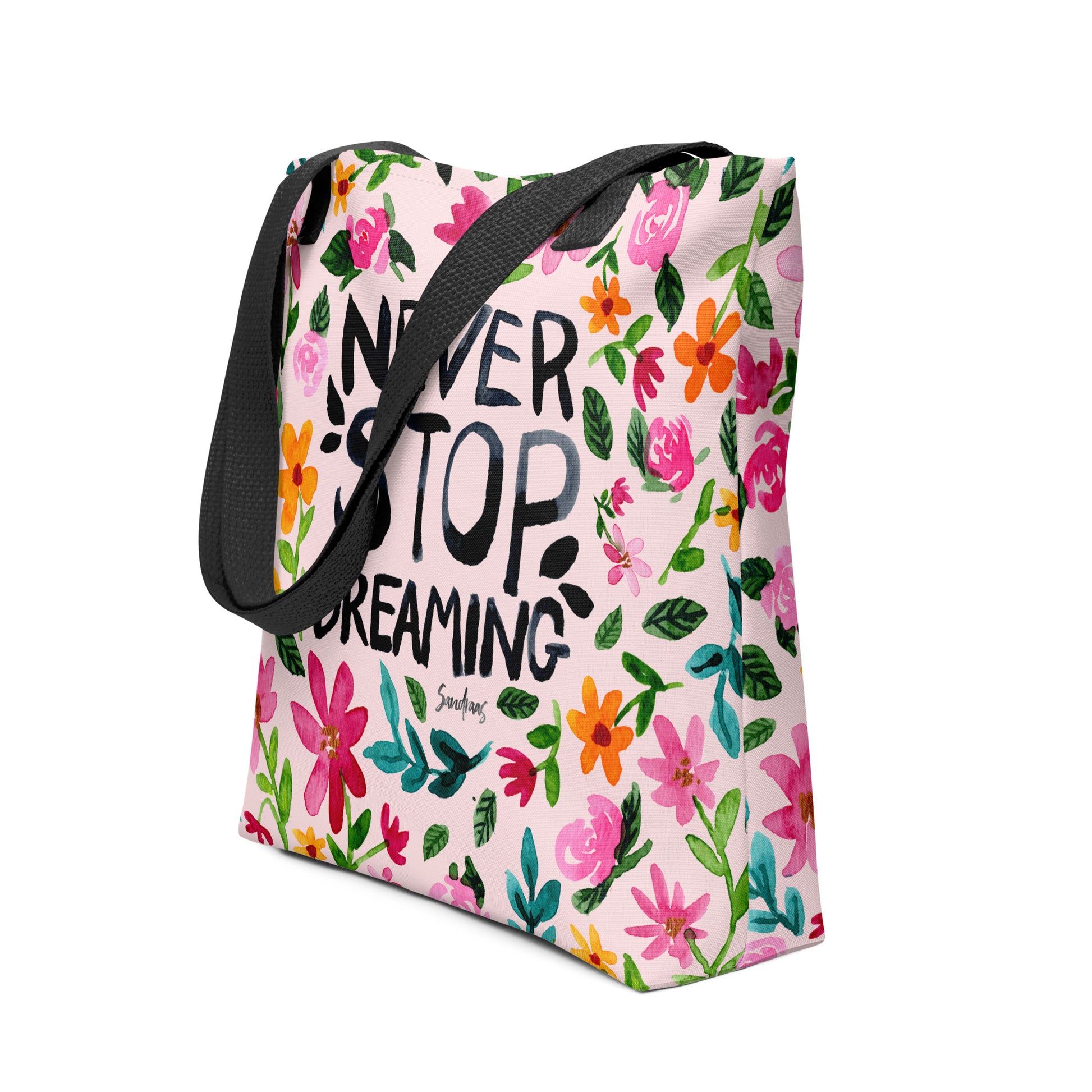 💫 “Never Stop Dreaming” Watercolor Floral Tote Bag – Soft Pink Edition 🌸 - SANDRAAS