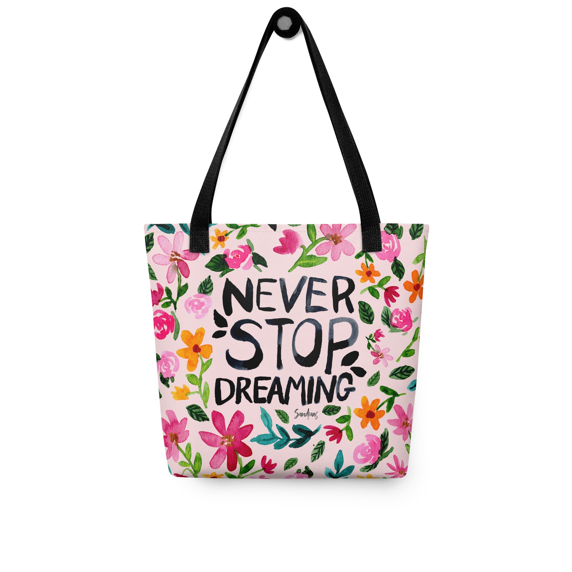 💫 “Never Stop Dreaming” Watercolor Floral Tote Bag – Soft Pink Edition 🌸 - SANDRAAS