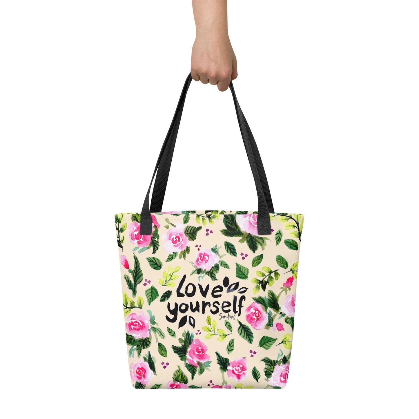 💛 “Love Yourself” Watercolor Floral Tote Bag – Soft Yellow Edition 🌿 - SANDRAAS
